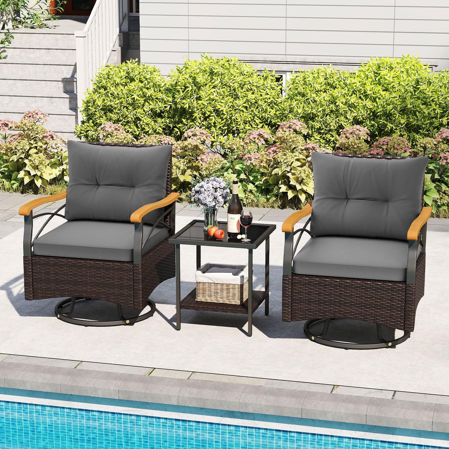 Tangkula 3 Piece Outdoor Swivel Chair Set with 2 Tier Tempered Glass Side Table