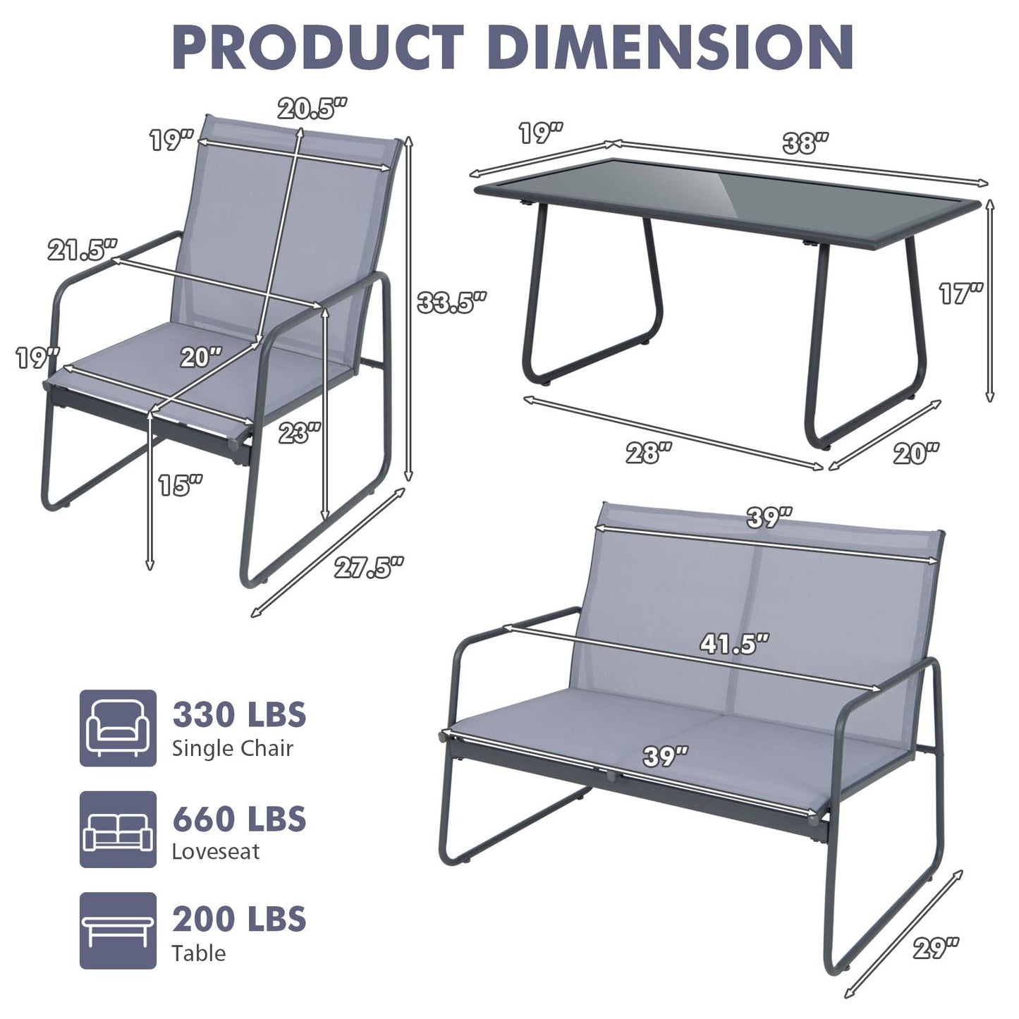 Tangkula 4 Pieces Patio Furniture Set with Tempered Glass Coffee Table (Gray)