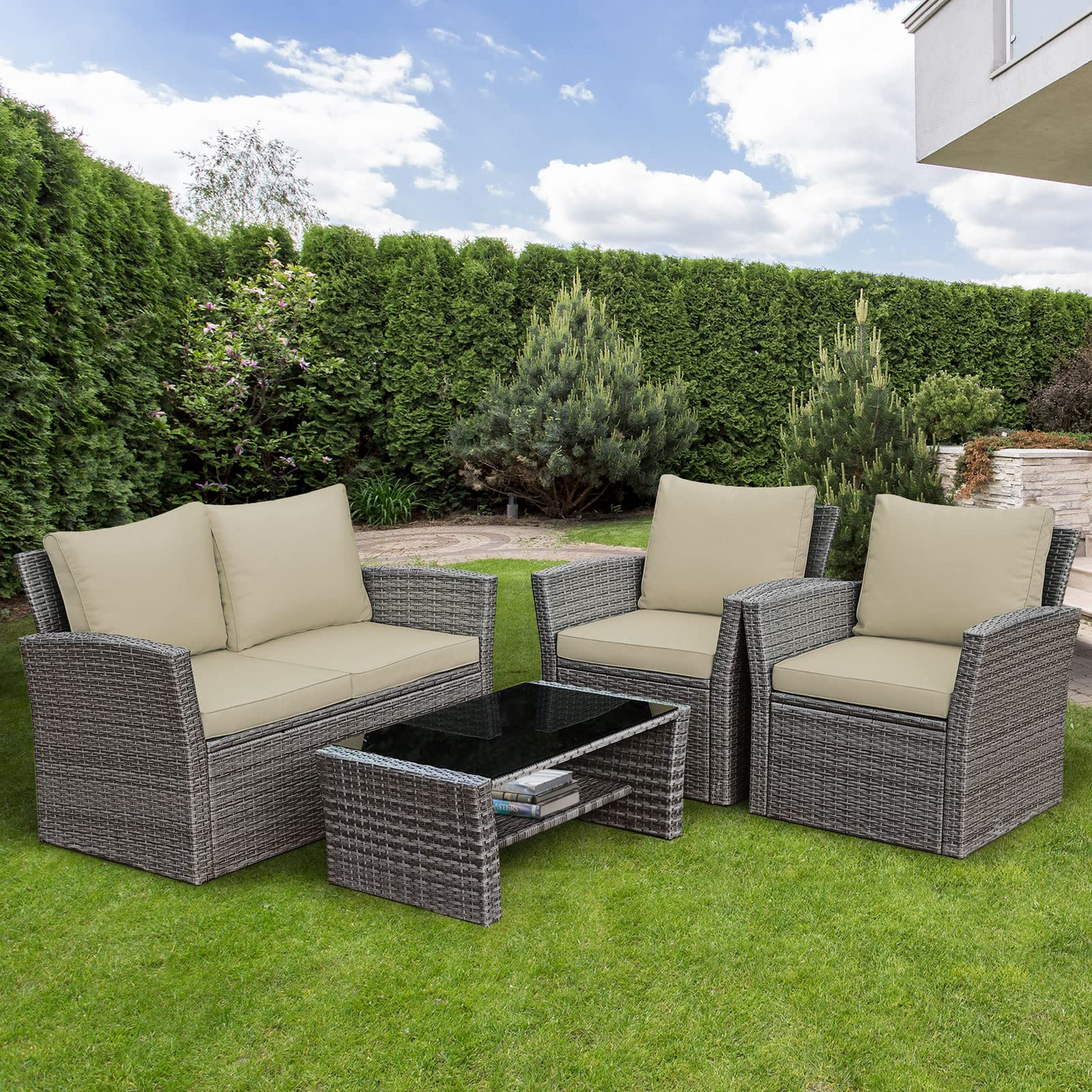 Tangkula 4 Pieces Patio Furniture Set, Outdoor Conversation Set with Cushions and Coffee Table