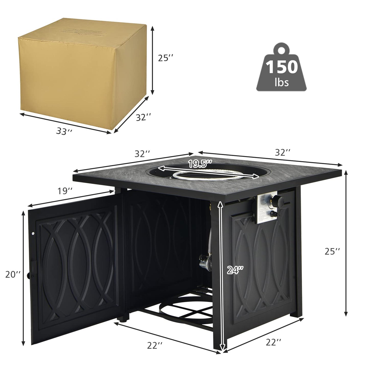 Tangkula 32 Inches Gas Fire Pit Table, 50,000 BTU Square Propane Firepit (Black)