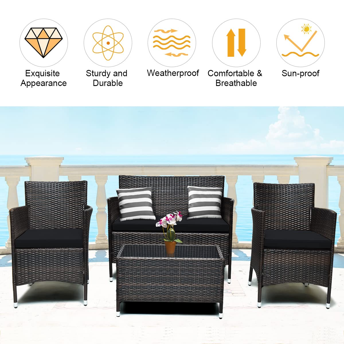Tangkula 4-PCS or 8-PCS Patio Rattan Conversation Set, Outdoor Wicker Furniture Set with Tempered Glass Coffee Table &Thick Cushion