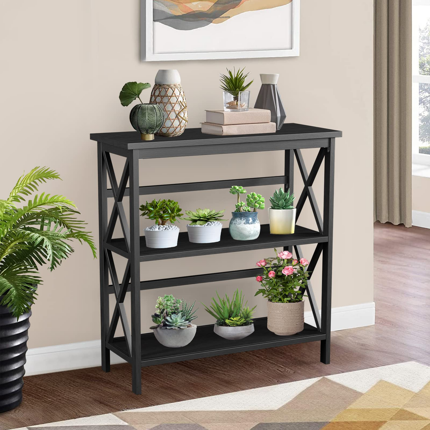 Tangkula 3-Tier Bookcase and Bookshelf, Wooden Open Shelf Bookcase, X-Design Etagere Bookshelf for Home Living Room Office
