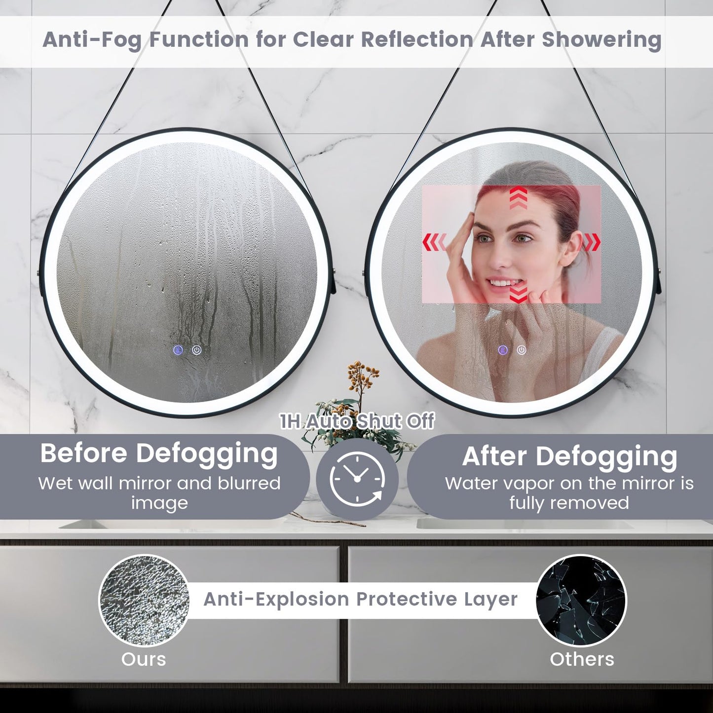 Tangkula 60CM Round LED Bathroom Mirror with Leather Strap