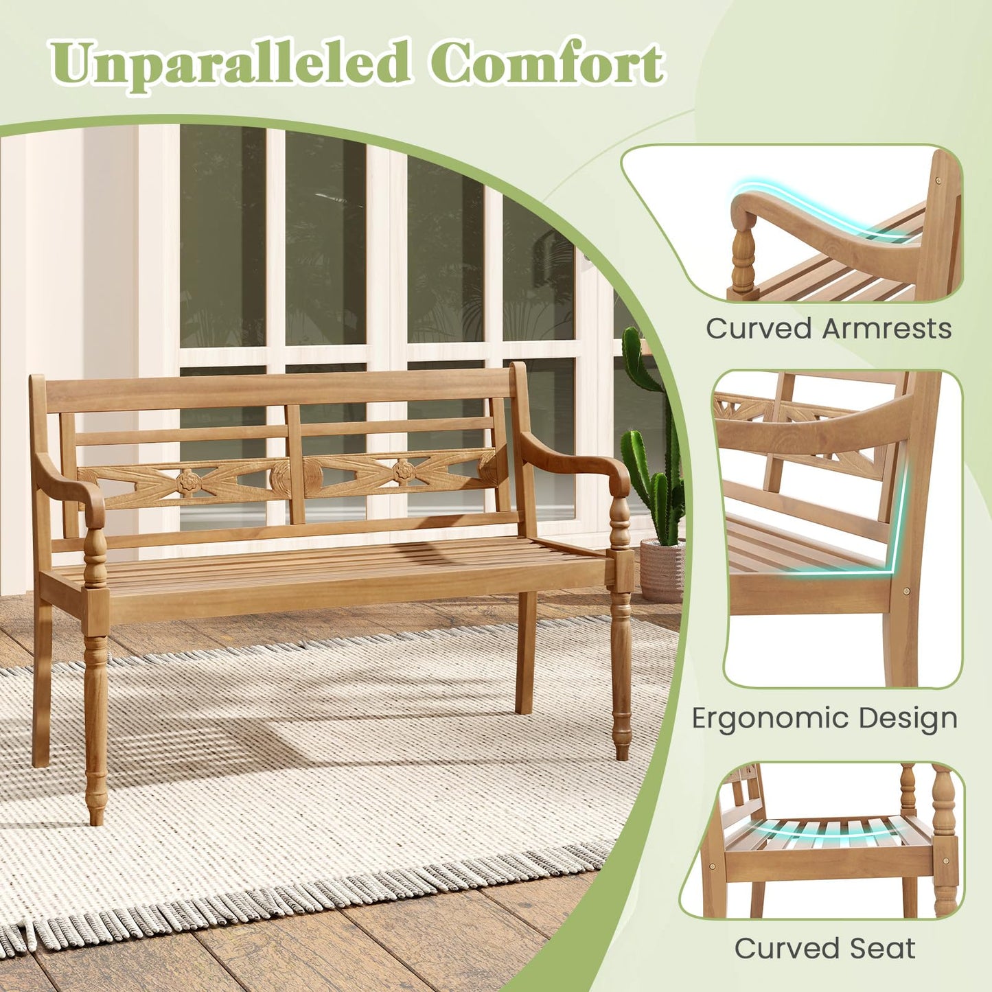 Tangkula Outdoor Bench, 2-Person Garden Bench with Wide Backrest and Curved Armrests