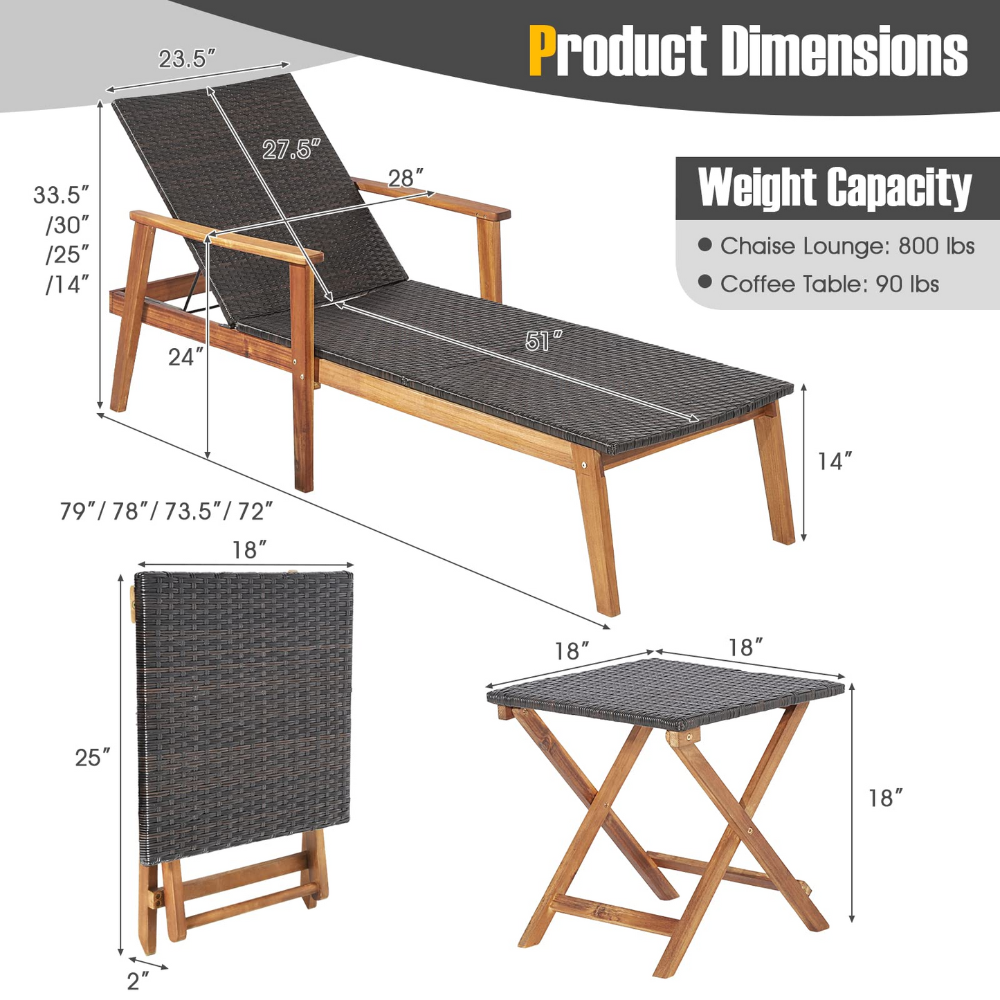 Tangkula 2 Piece Patio Chaise Lounge & Table Set, Outdoor Rattan Recliner