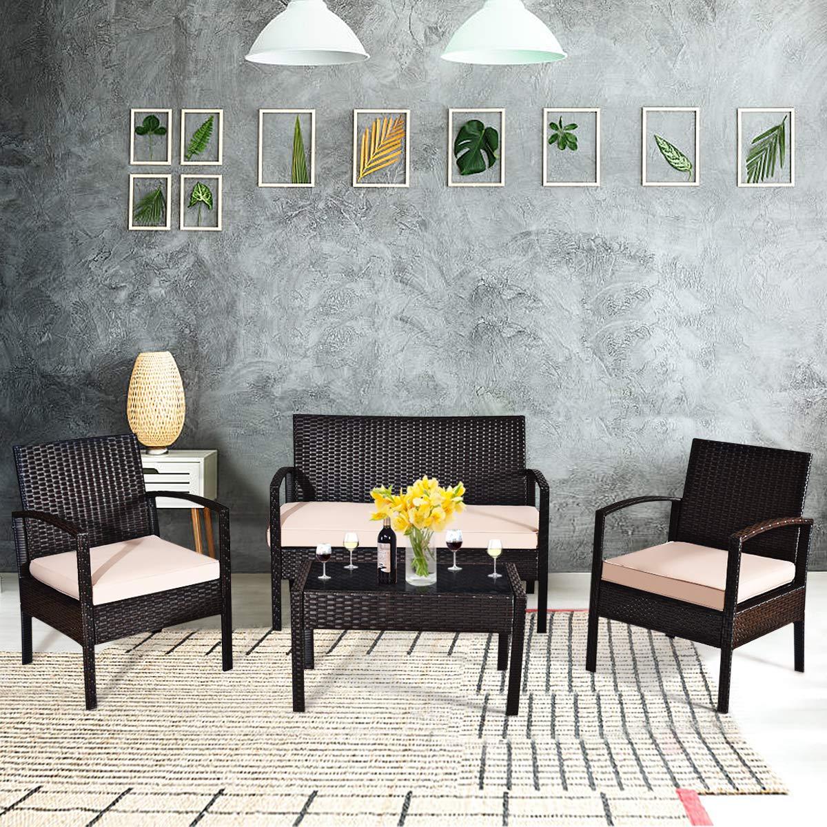 Tangkula 4 or 8 Piece Rattan Patio Furniture Set for Porch