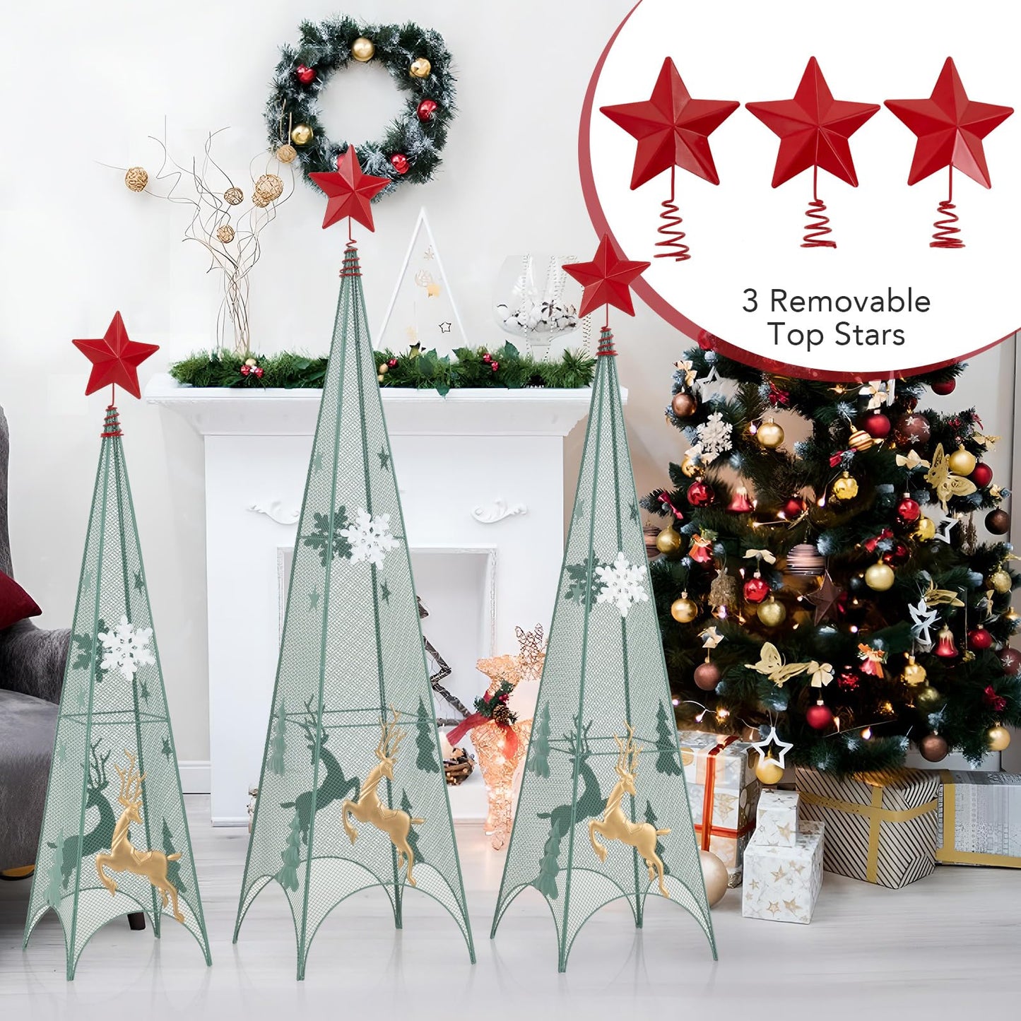 Tangkula 3 Sizes Tower Shaped Christmas Tree Decorations, Metal Xmas Decorative Trees with Reindeers