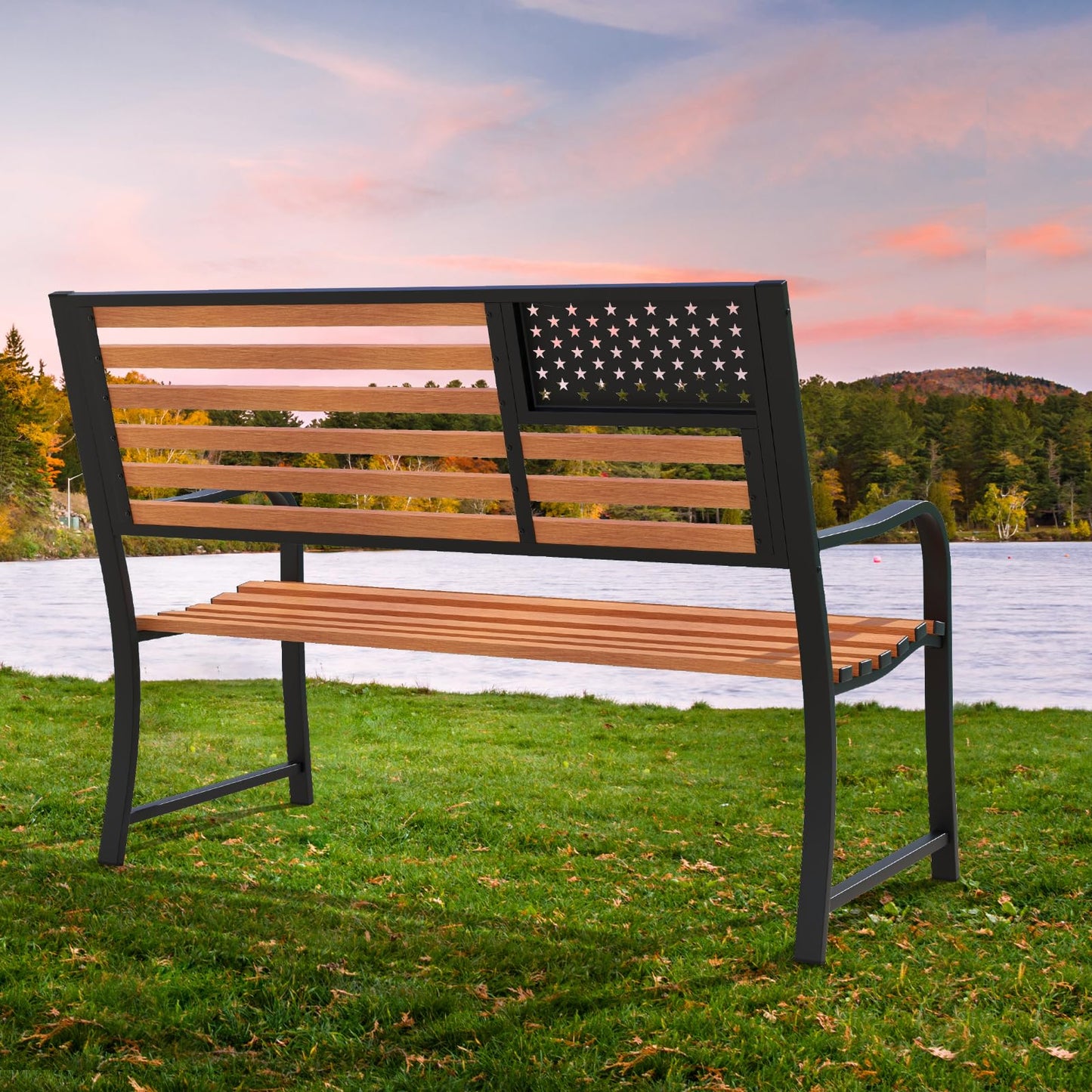 Tangkula 50” Outdoor Garden Bench, 2-Person Metal Patio Chair with Flag Pattern Backrest & Rustic Wood Grain Finish