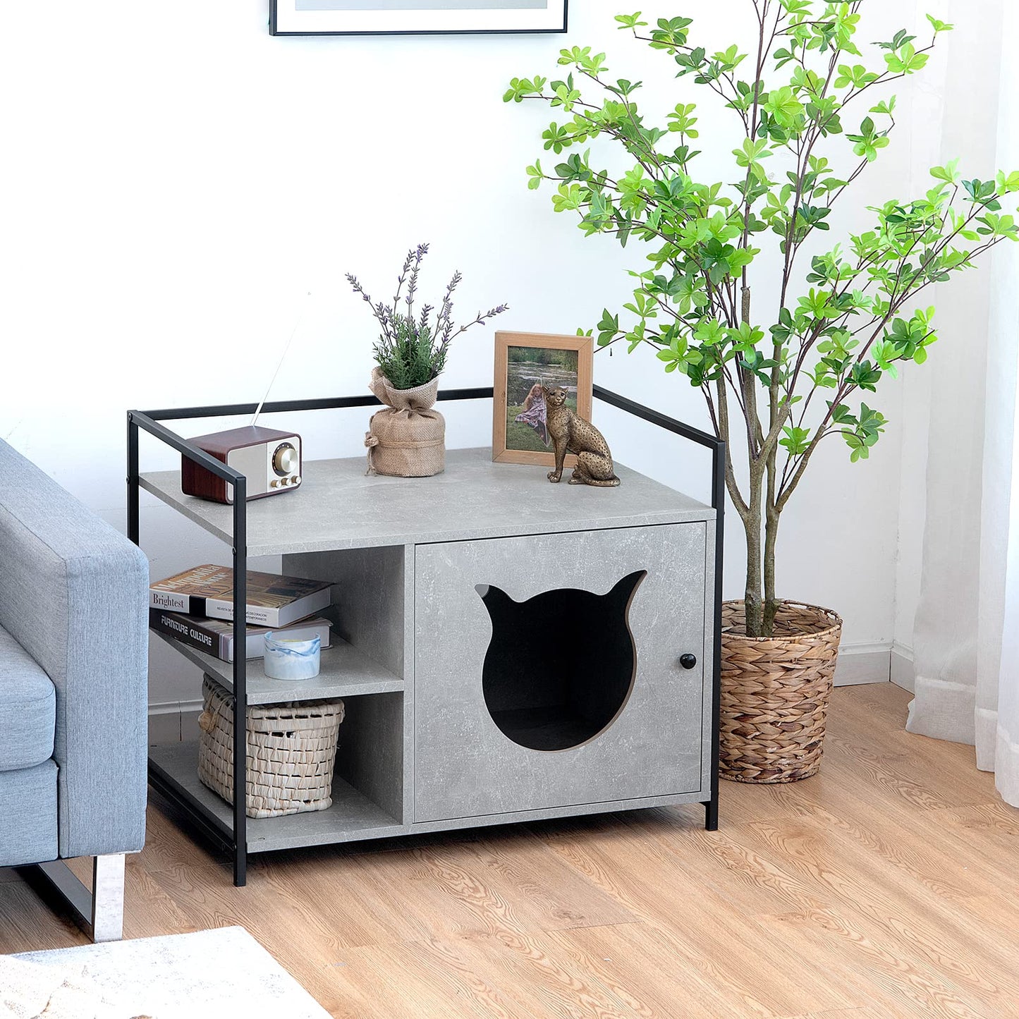 Tangkula Cat Litter Box Enclosure 2 in 1 Hidden Washroom & Nightstand With 2 Tier Storage Shelf