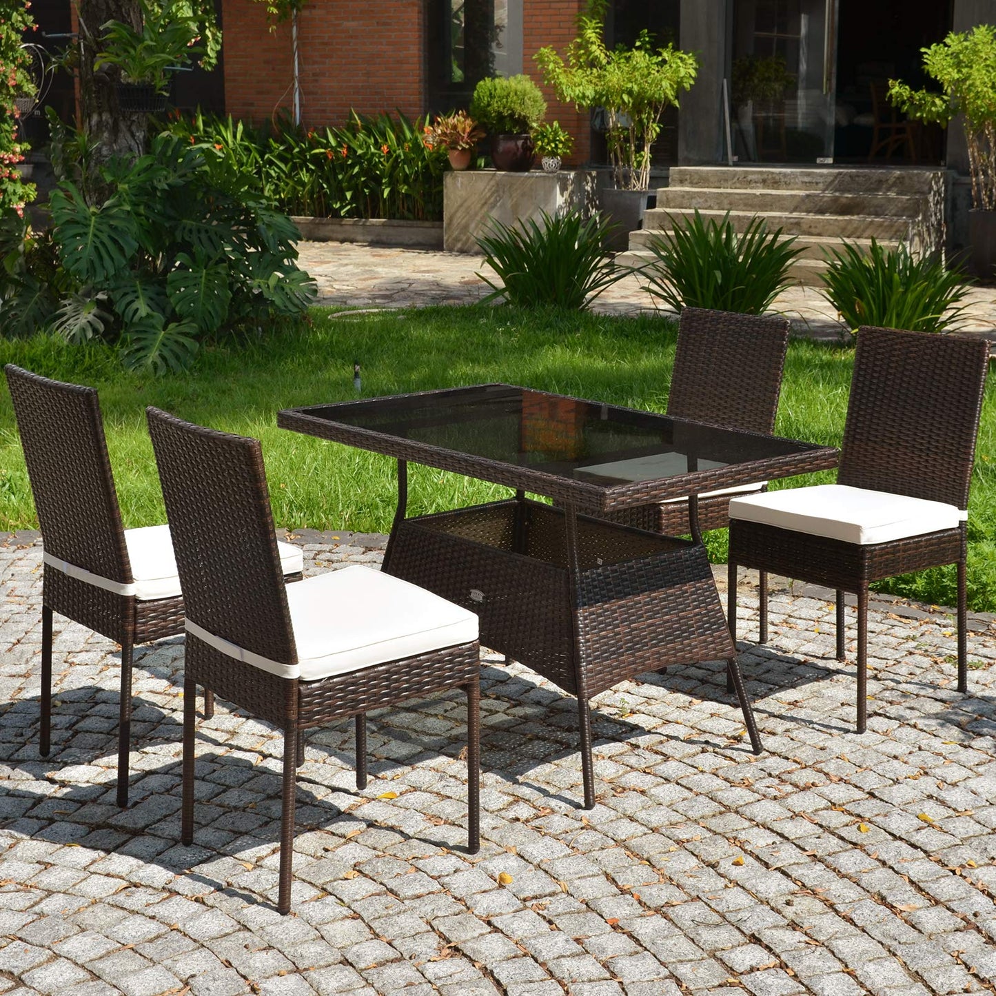 Tangkula 5 Piece Patio Wicker Dining Set for Balcony Patio Garden Poolside