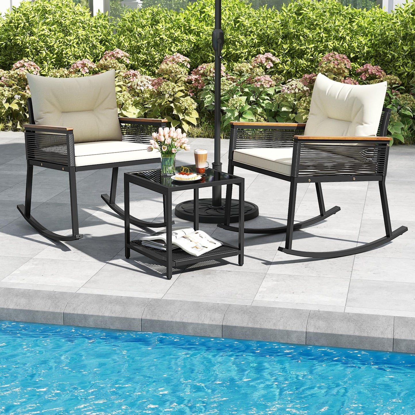 Tangkula 3 Piece Patio Rocking Bistro Set Outside Wicker Rockers