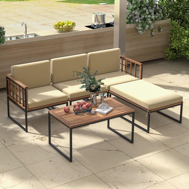 Ensemble de mobilier de patio Tangkula 5 pièces, ensemble modulaire en bois d'acacia avec cadre métallique robuste, coussins d'assise et de dossier confortables
