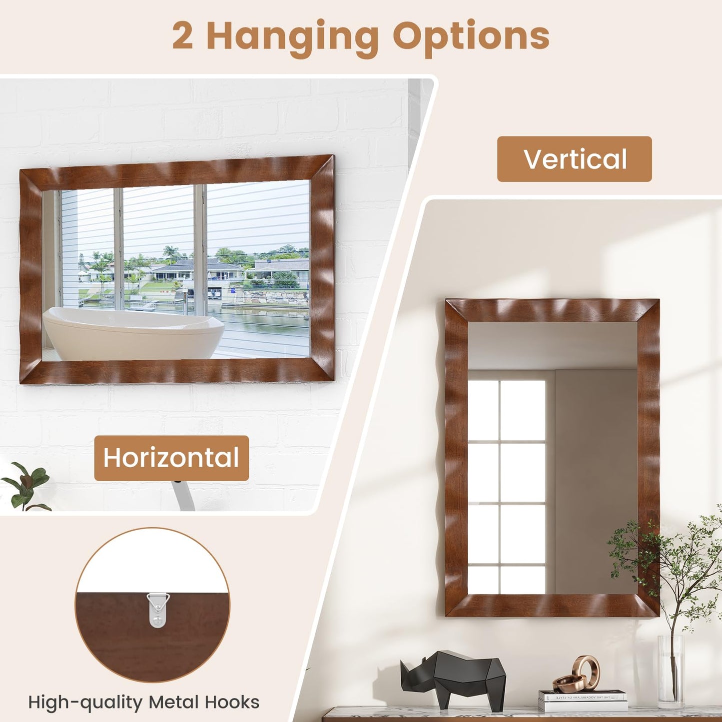 Tangkula 41.5" x 28" Farmhouse Wall Mirror, Rubber Wood Rustic Style Wall Mirror