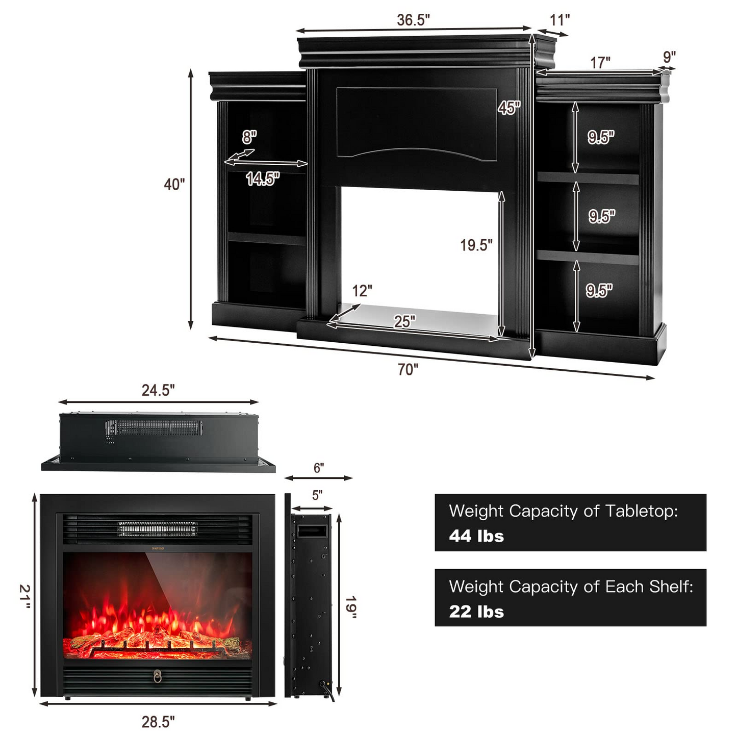70 Inches Mantel Fireplace, 28.5-Inch Electric Fireplace - Tangkula