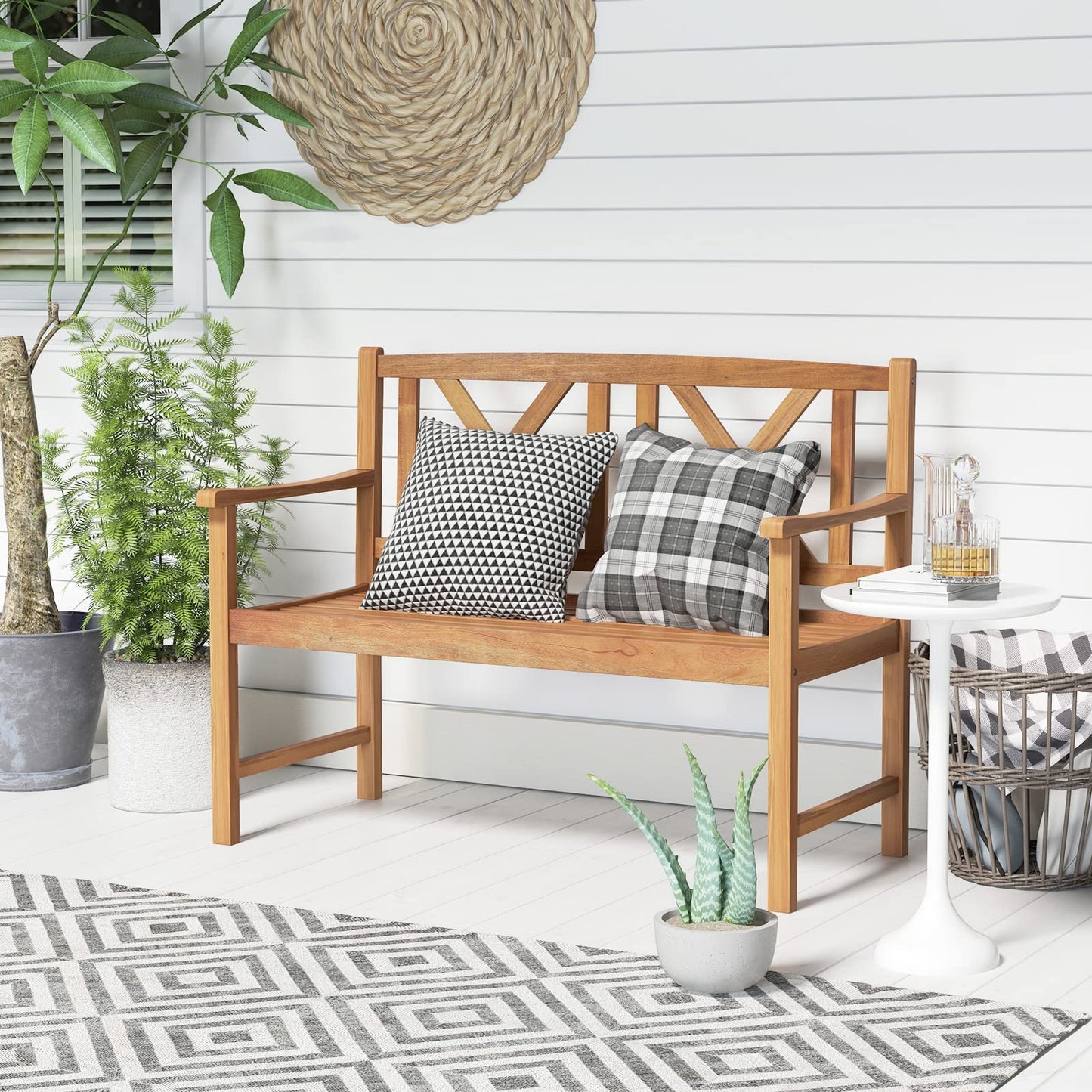 Tangkula Patio Acacia Wood Bench, 2-Person Outdoor Loveseat Chair