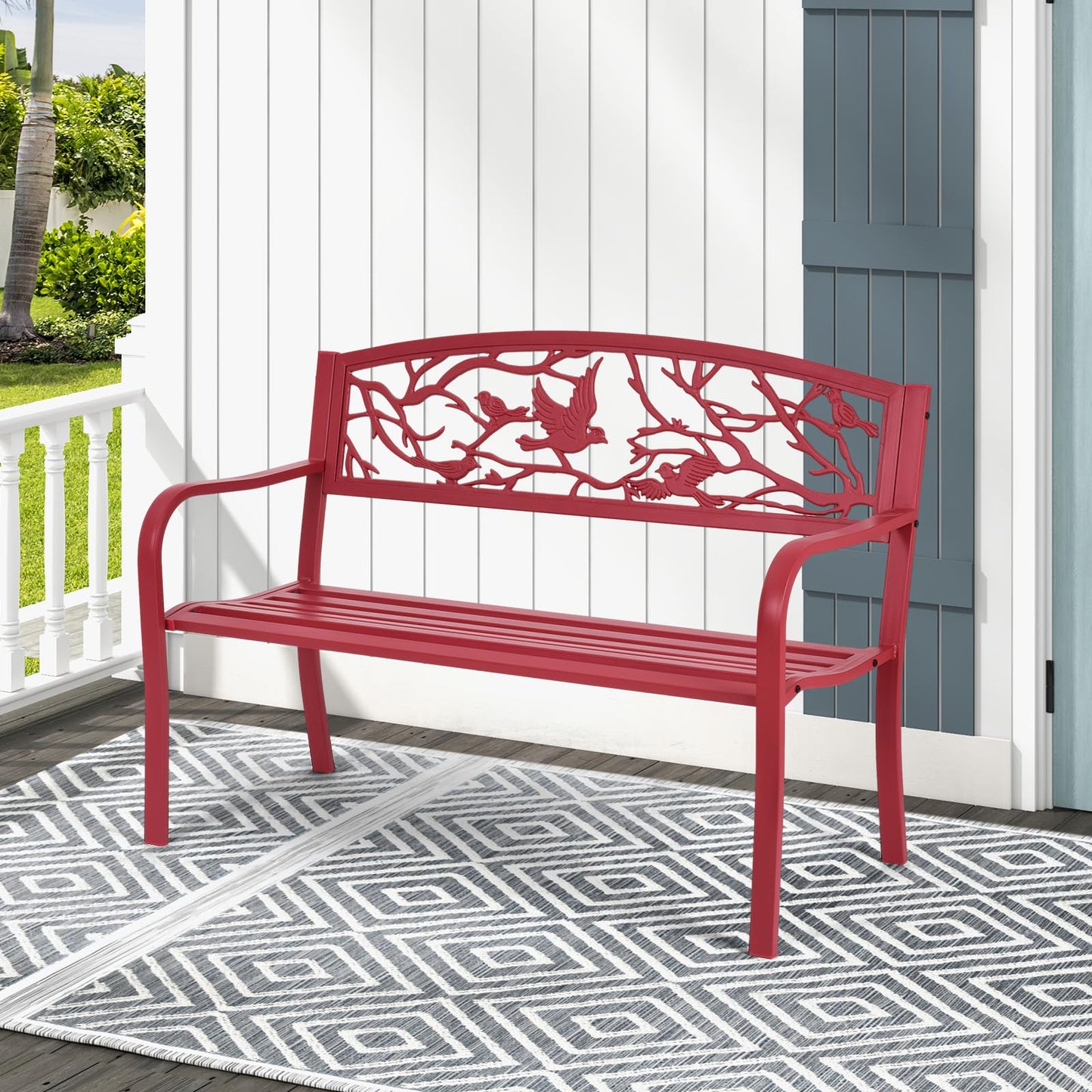 Tangkula Metal Outdoor Garden Bench Park Bench with Bird & Twig Cast Iron Back Pattern