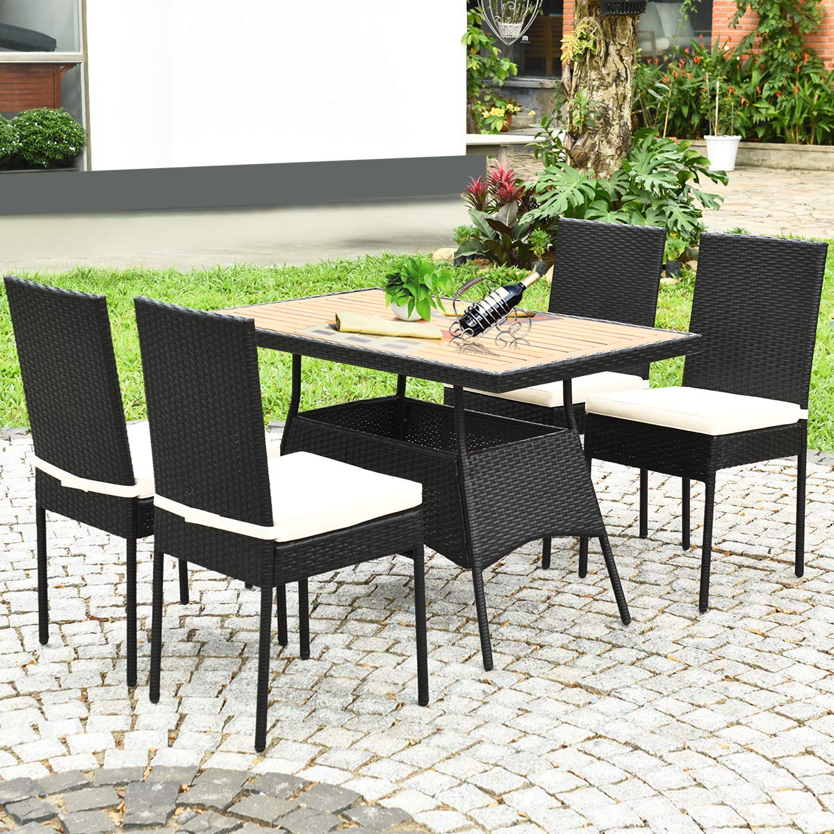 Tangkula 5 Piece Wicker Patio Dining Set with Padded Cushions