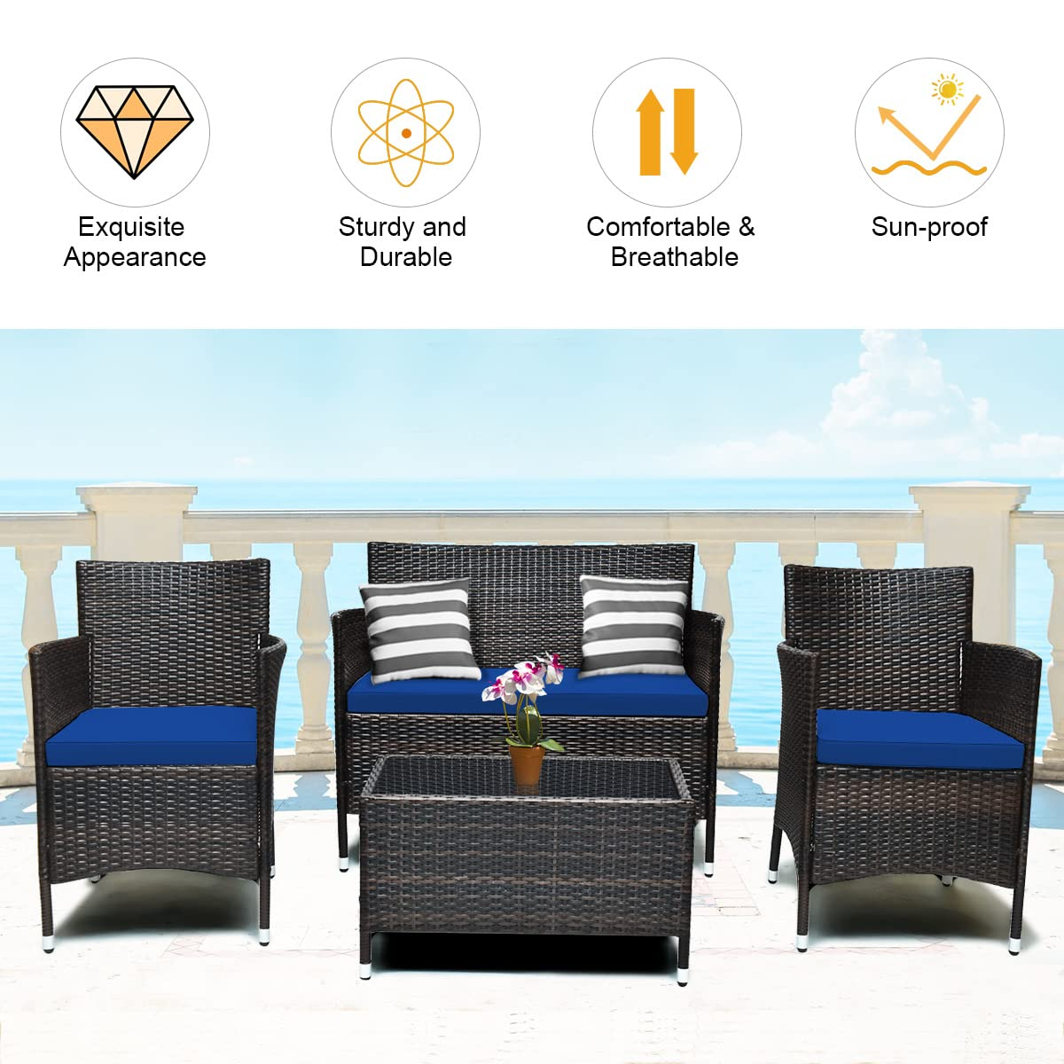 Tangkula 4-PCS or 8-PCS Patio Rattan Conversation Set, Outdoor Wicker Furniture Set with Tempered Glass Coffee Table &Thick Cushion