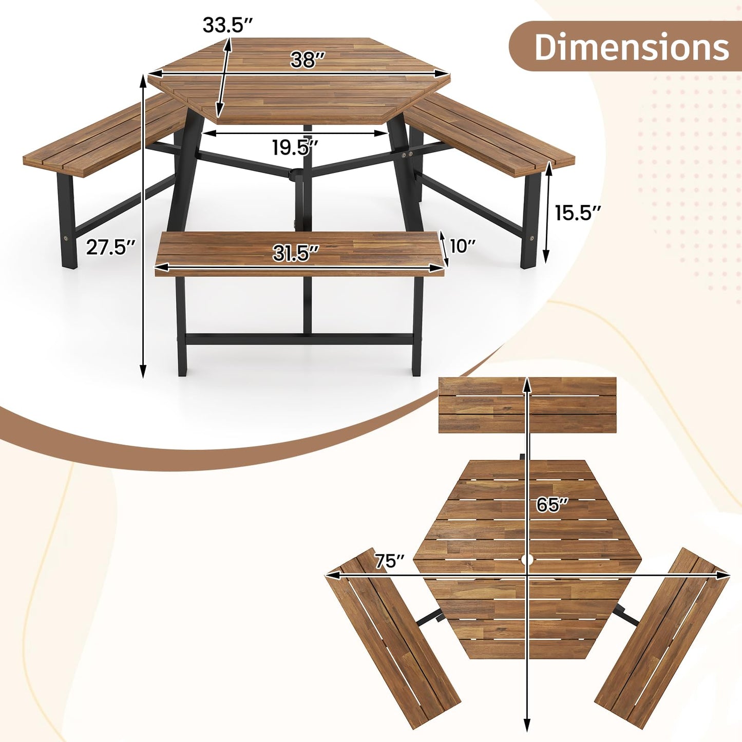 Tangkula 6 Person Acacia Wood Picnic Table