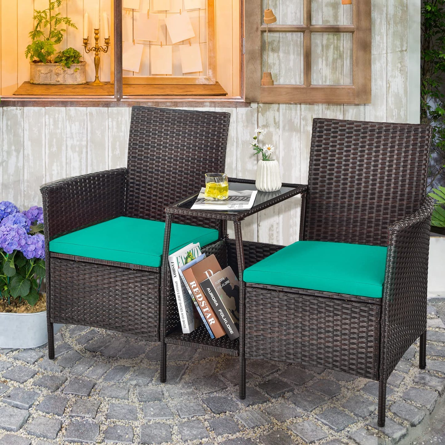 PE Wicker Outdoor Furniture Set, 2 Cushioned Seats and Tempered Glass Table