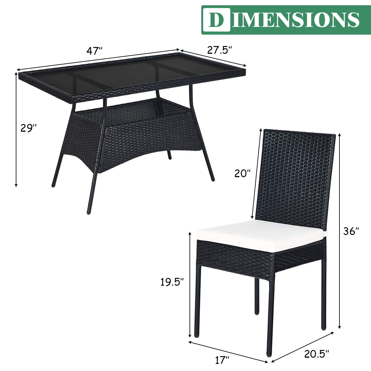 Tangkula 5 Piece Wicker Patio Dining Set with Tempered Glass Top & Padded Cushions