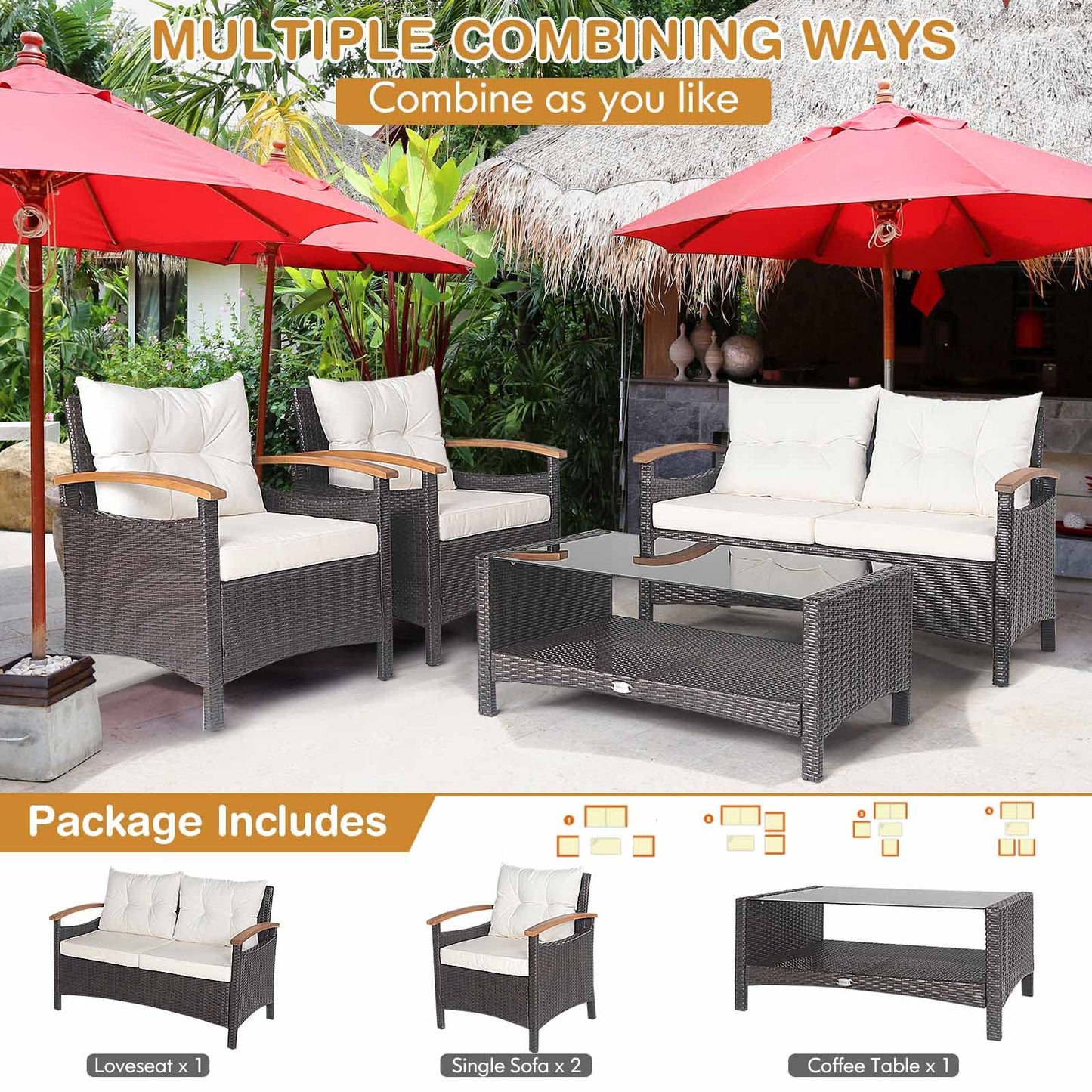 4 Piece Patio Rattan Conversation Set, Outdoor Wicker Sofa Set W/2-Layer Coffee Table