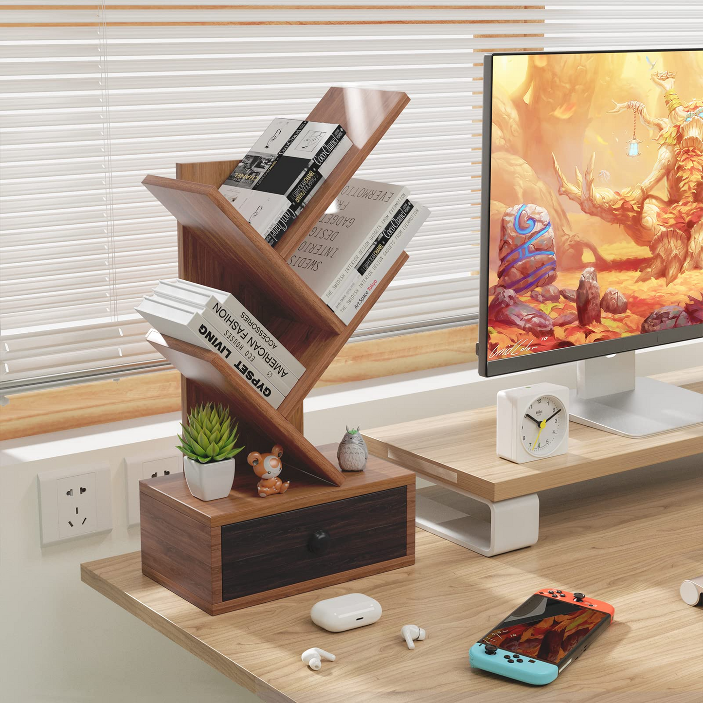 Tangkula 5 Tier Tree Bookshelf with Drawer, Rustic 5 Shelf Space Saving Corner Bookcase