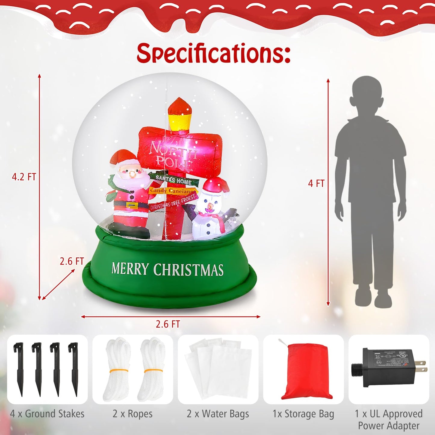 Tangkula 4.2 FT Christmas Inflatable Santa Snow Globe, Light Up Crystal Ball with Santa, Snowman & Road Sign