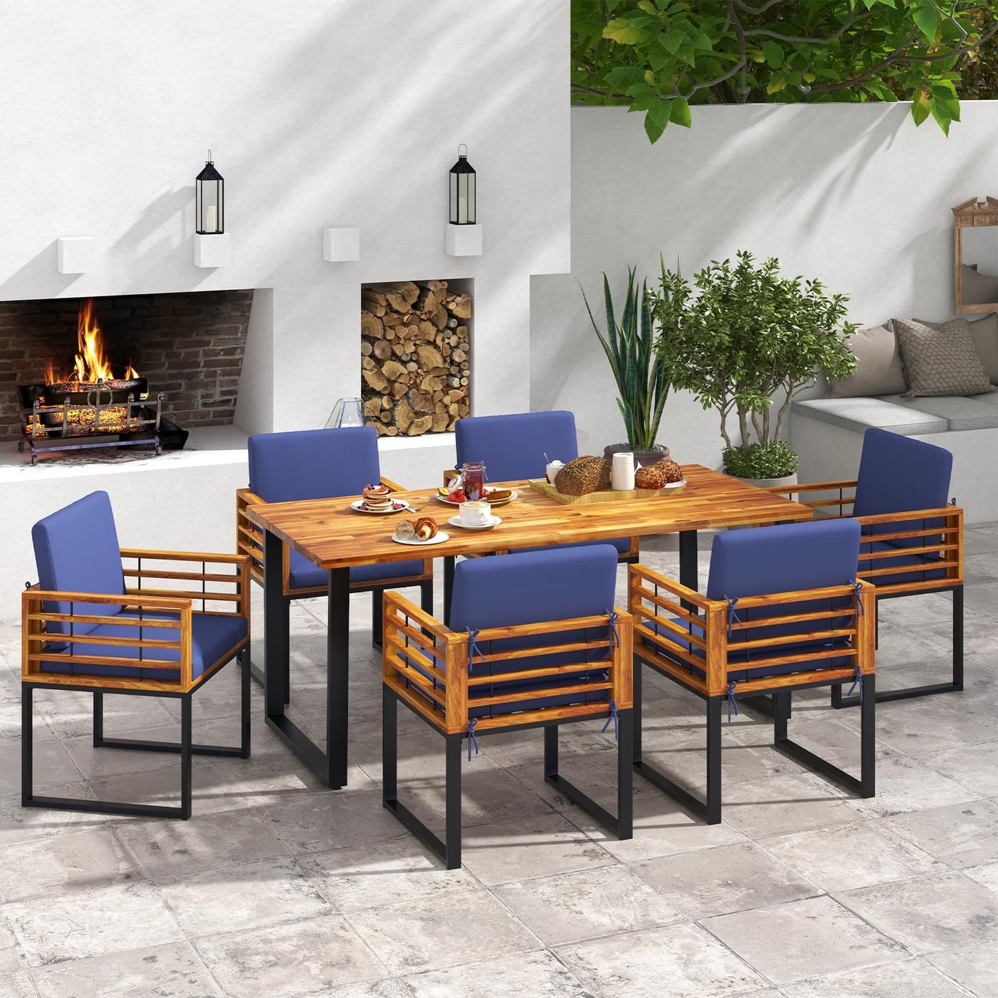 Tangkula 7 Piece Patio Dining Set Acacia Wood Dining Chair & Table Set