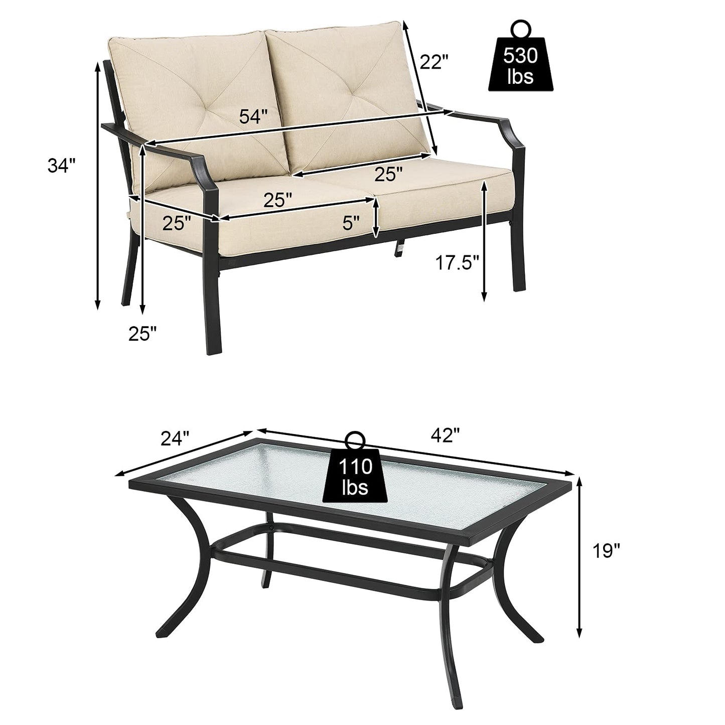 2 Pieces Extra Large Patio Loveseat with Coffee Table