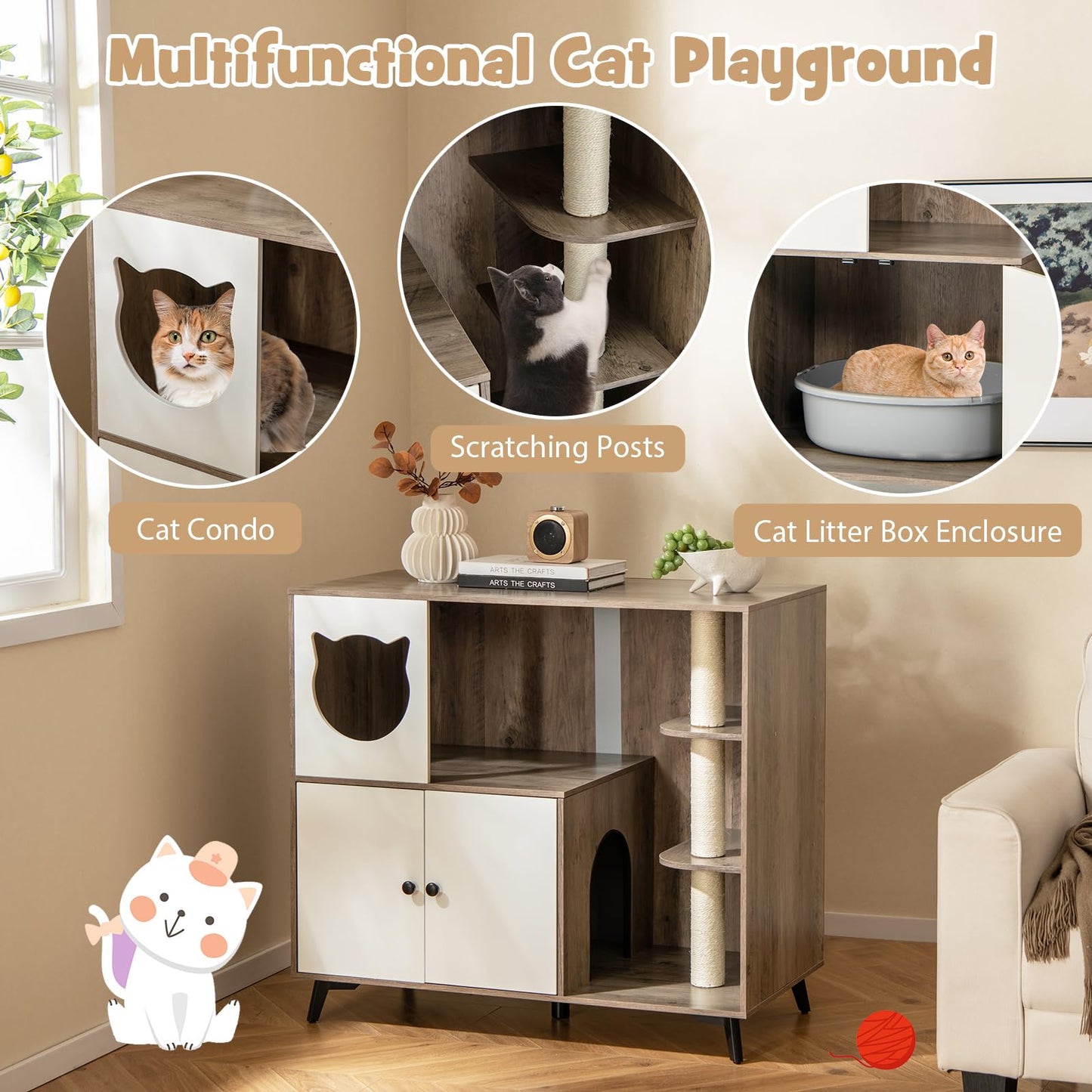 Tangkula Cat Litter Box Enclosure, 5-in-1 Enlarged Hidden Litter Box Furniture with Cat Condo