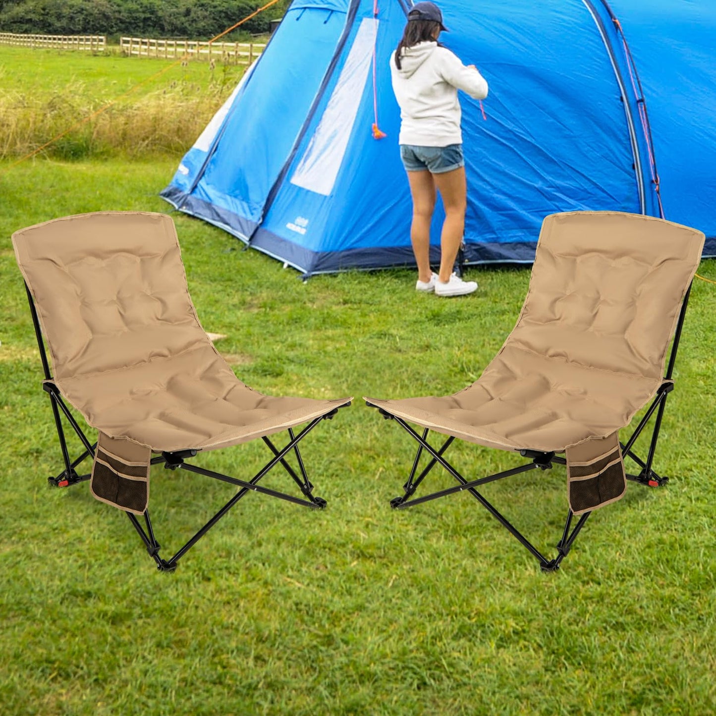 Tangkula Padded Camping Chairs Set for Camp Beach Lawn Fishing Travel Sports