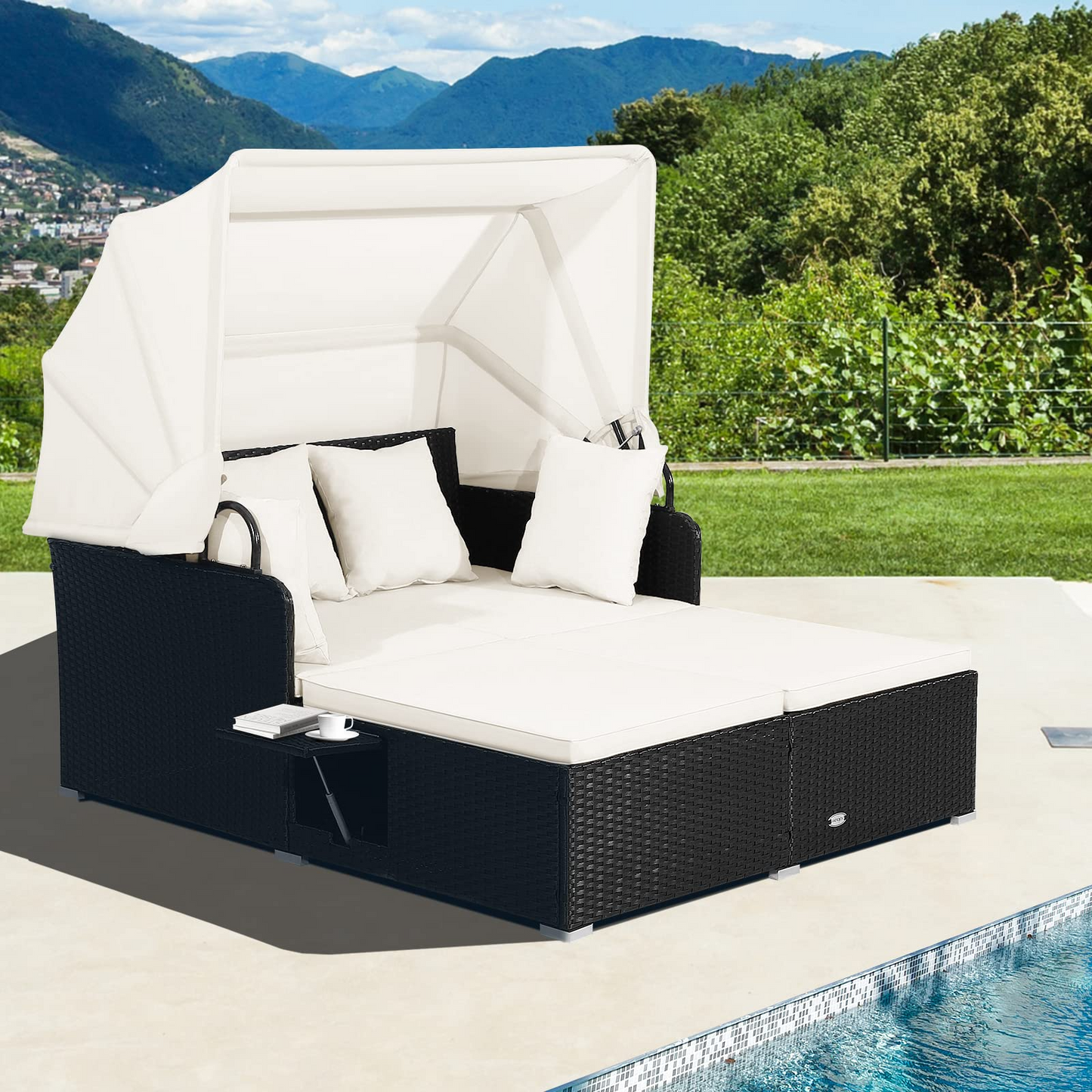 Tangkula Patio Rattan Daybed, Patiojoy Wicker Daybed Loungerw/Retractable Canopy, 2 Foldable Side Panels