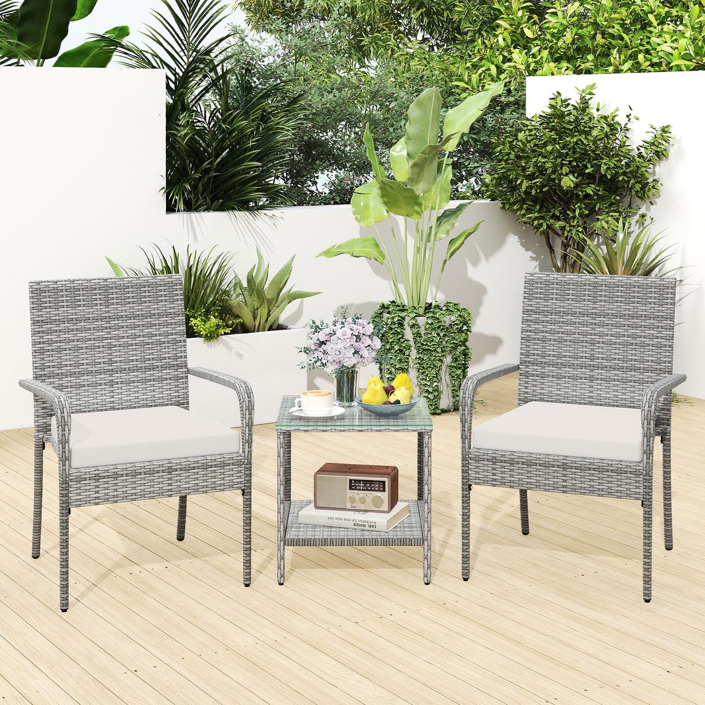 Tangkula 3 Pieces Patio Furniture Set with 2 Tier Tempered Glass Tabletop Table