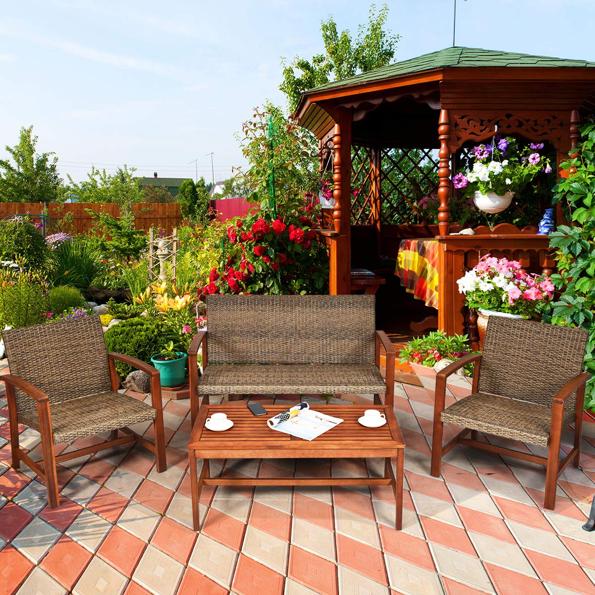 Tangkula 4 PCS Patio Acacia Wood Rattan Conversation Set
