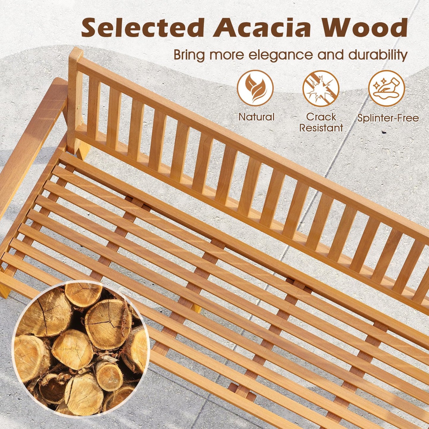 Tangkula Outdoor 3-Seat Wood Bench, 64 Inches Extra Long Acacia Chair w/Seat Cushion