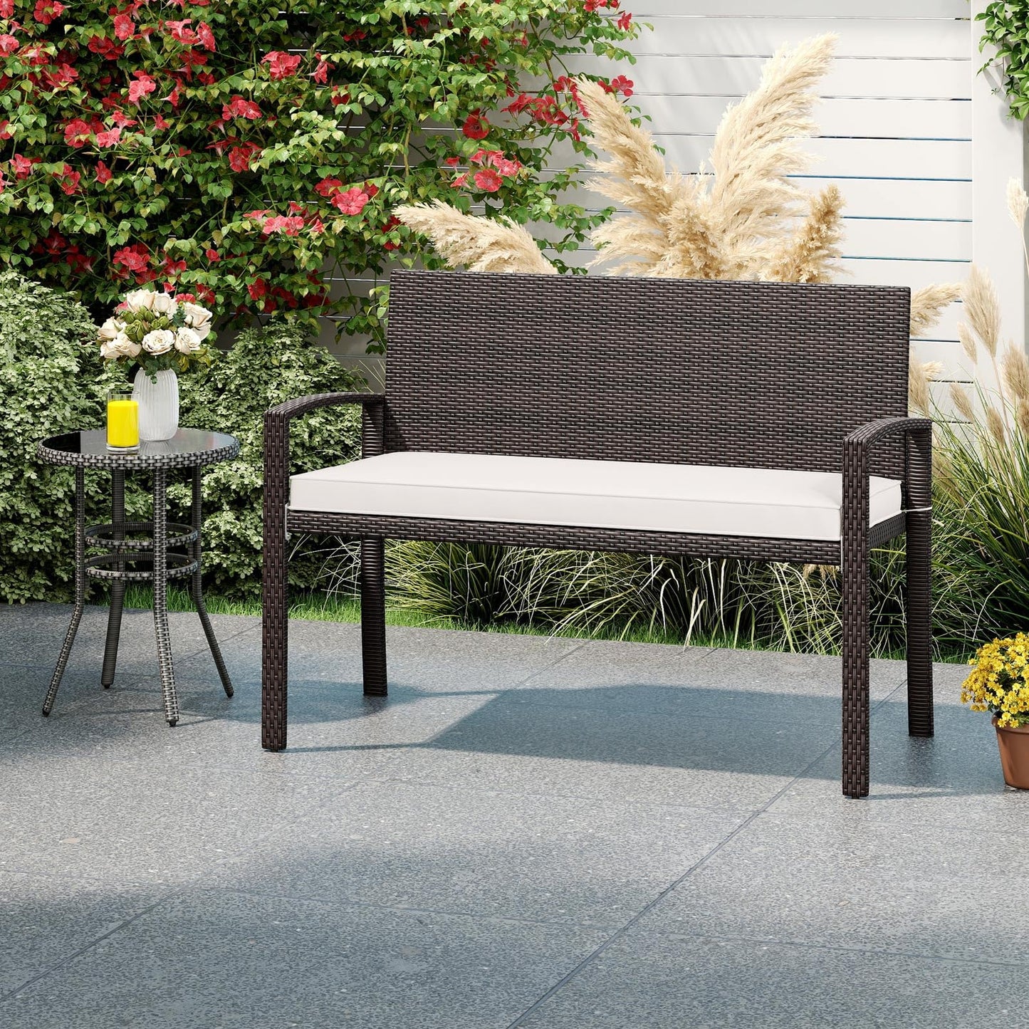 Tangkula Outdoor Rattan Bench 2-Person Patio Loveseat