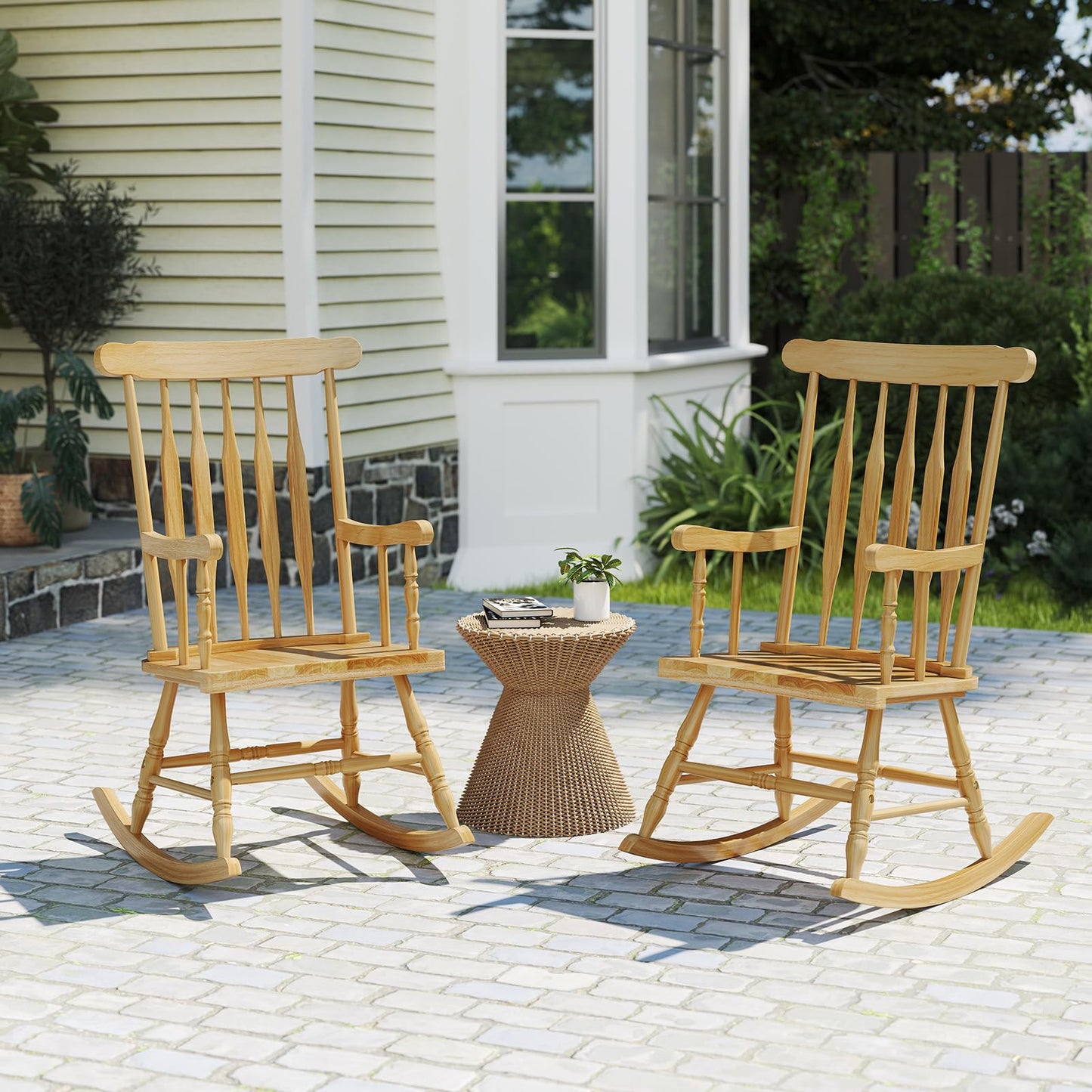 Tangkula Patio Rocking Chair Solid Wood with Rubber Wood Frame