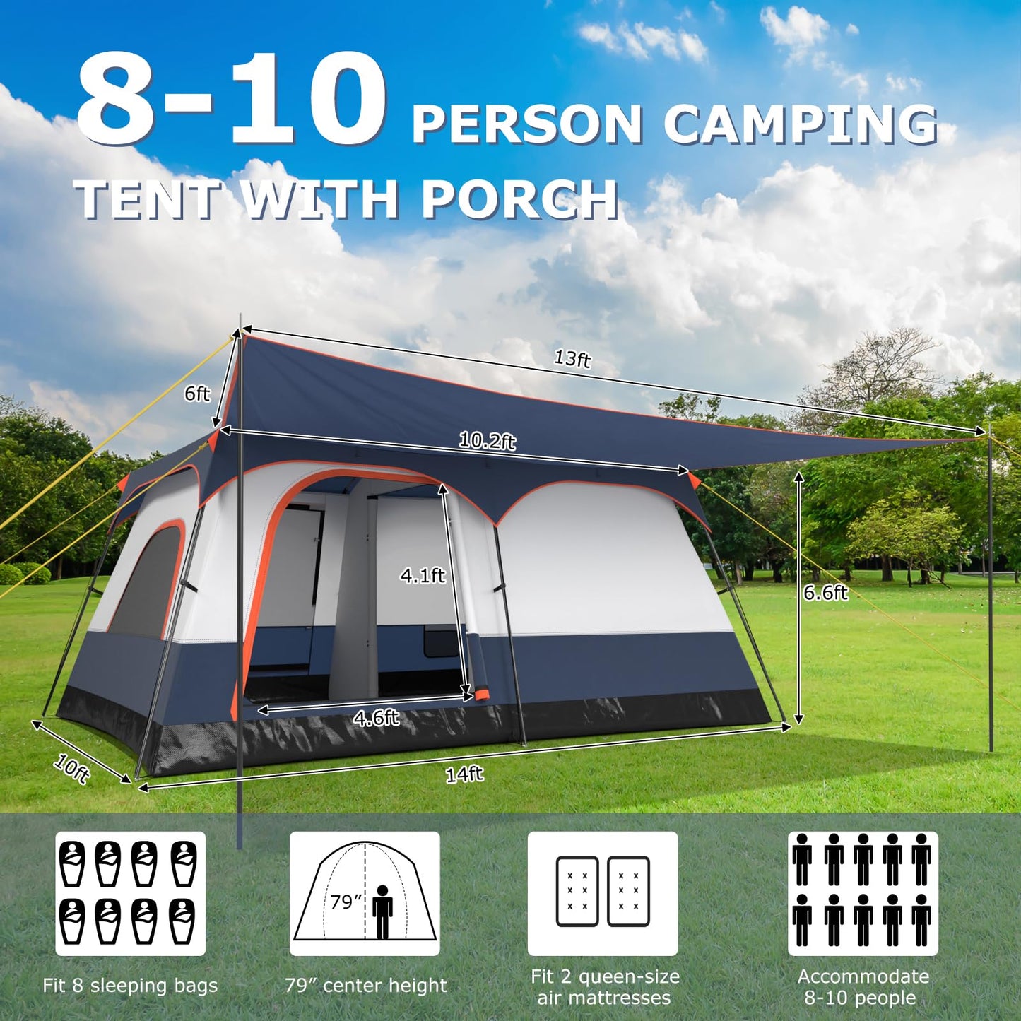 Tangkula 6/8/10-Person Camping Tent with Porch