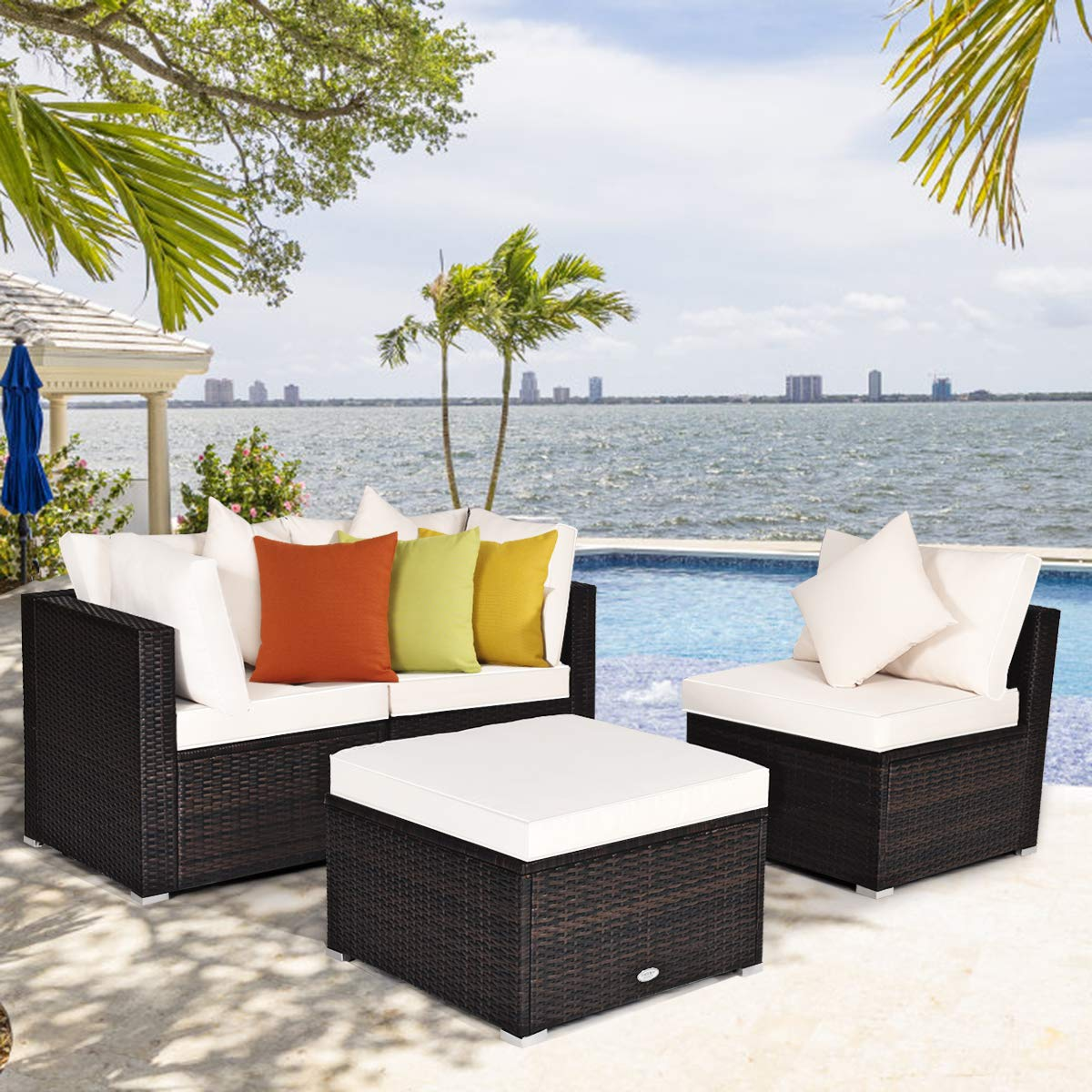 Tangkula Patio Rattan Sofa Set, Outdoor Wicker Sectional Furniture Set