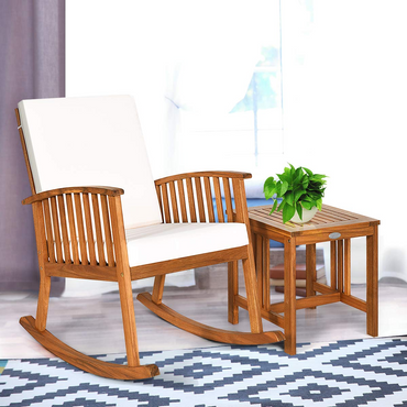 Tangkula Acacia Wood Patio Bistro Set, Outdoor Rocking Chair with Table