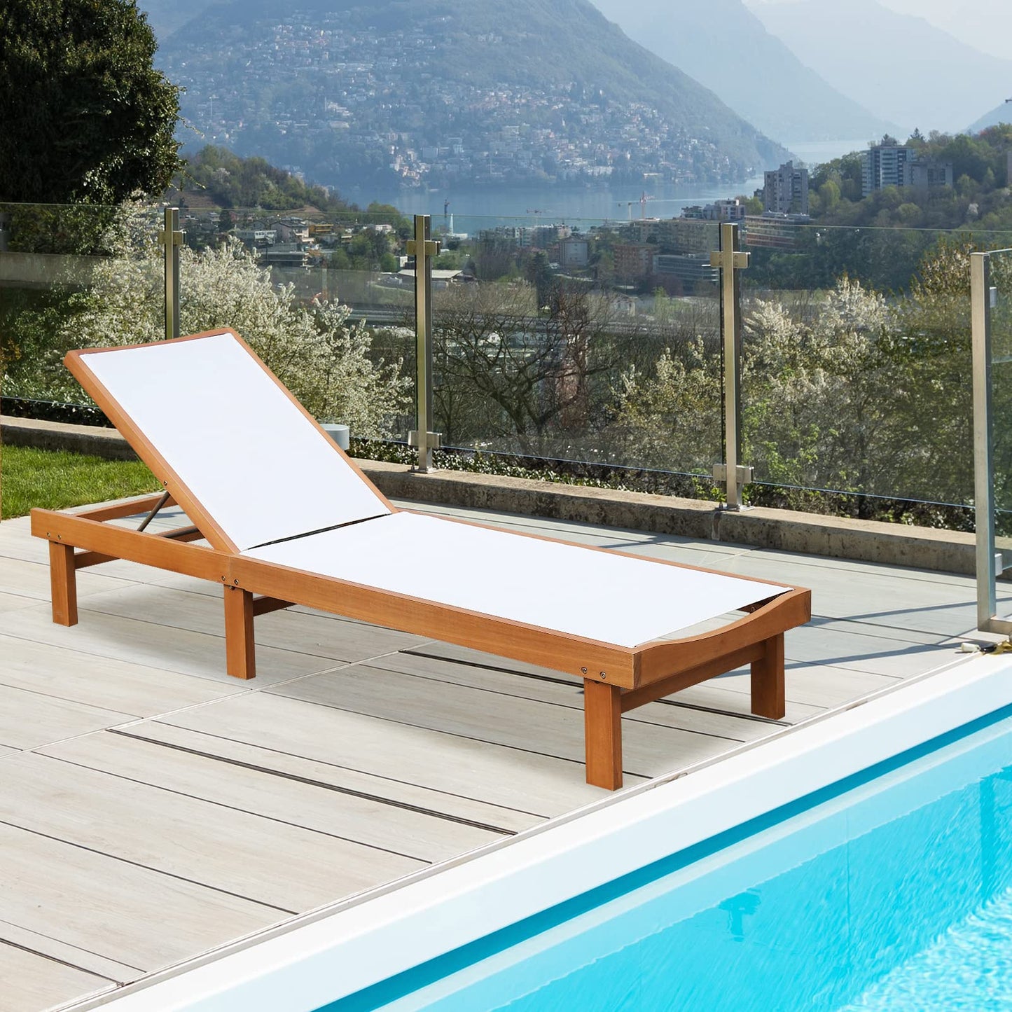 Tangkula Outdoor Wood Chaise Lounge Chair with 5 Position Adjustable Back