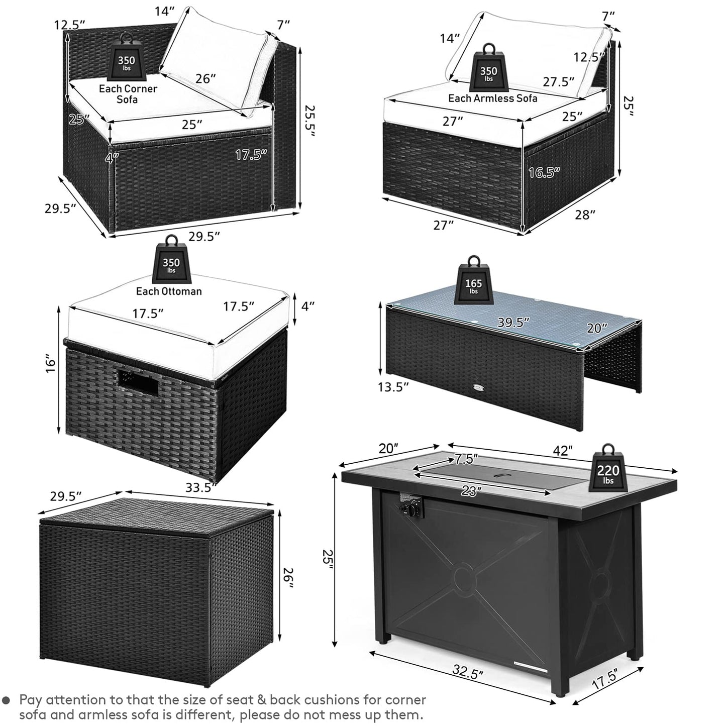 Tangkula 9 Pieces Outdoor Wicker Sectional Sofa with 42" 60,000 BTU Gas Fire Pit Table