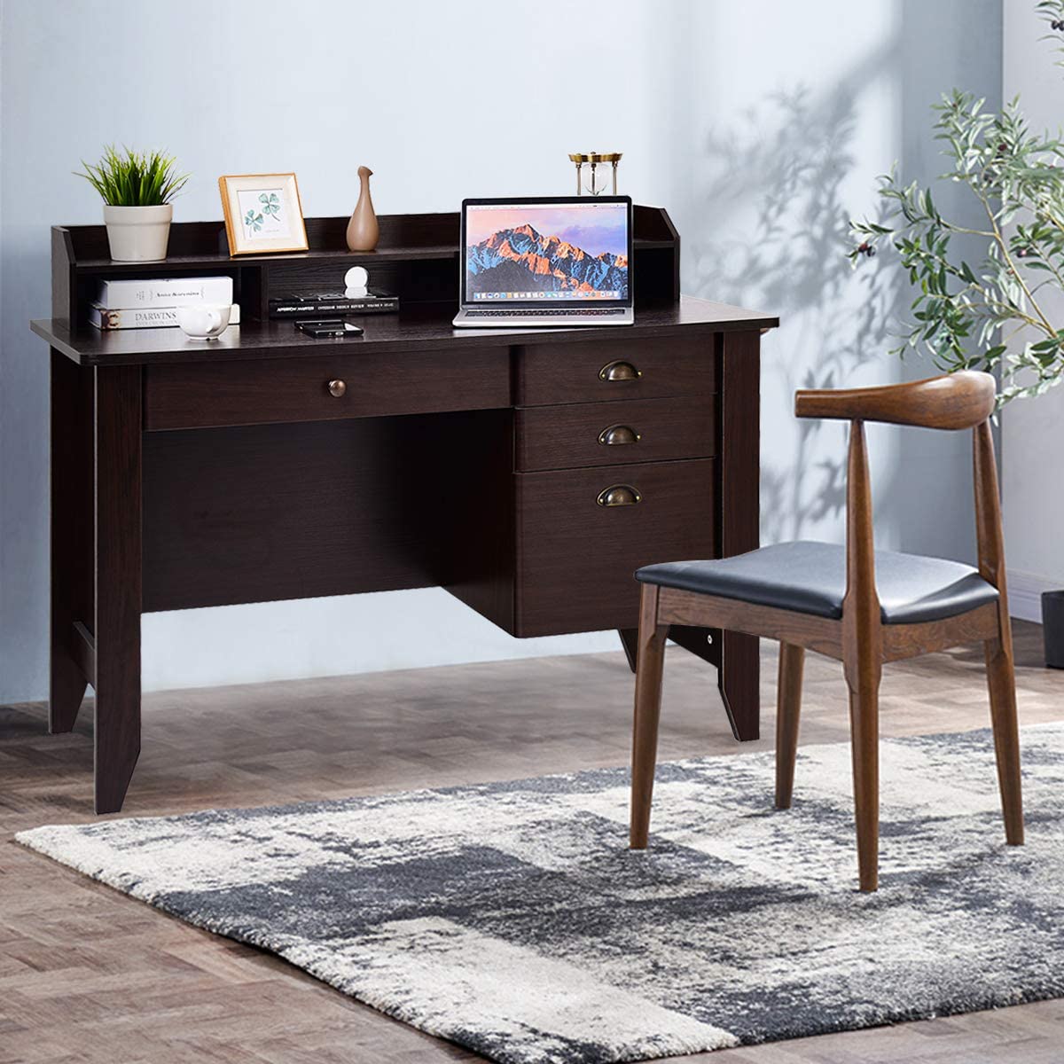 Tangkula 48" Computer Desk with 4 Storage Drawers & Hutch, Home Office Desk Vintage Desk