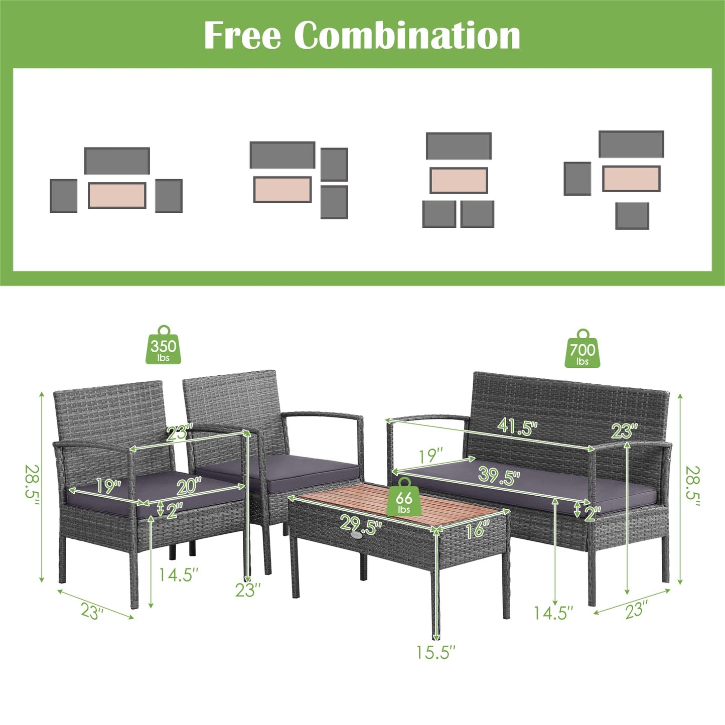 Outdoor Wicker Sofa Set W/Seat Cushions, Heavy-Duty Steel Frame, Garden