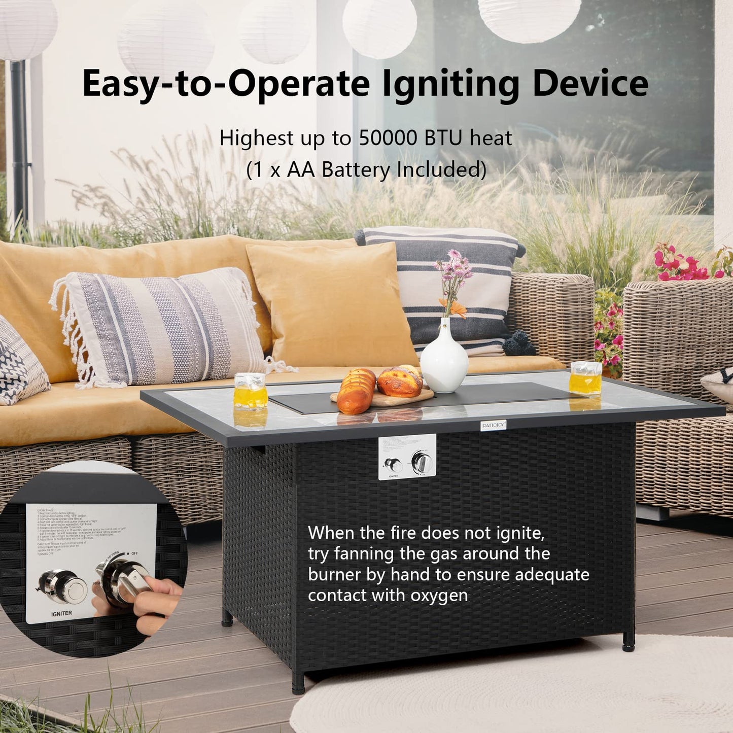 Tangkula 52 Inches Wicker Patio Propane Fire Pit Table, Patiojoy 50,000 BTU