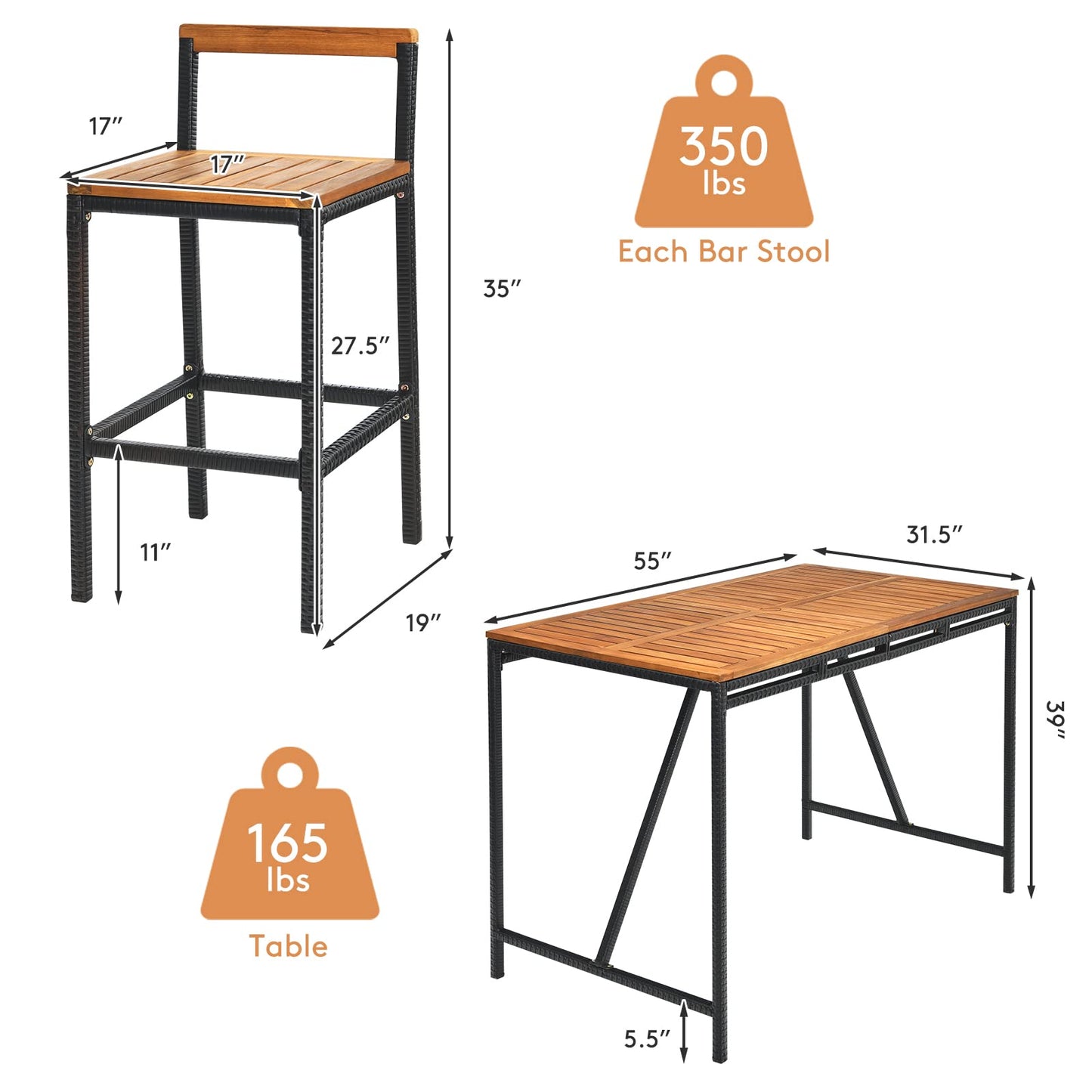 Ensemble de bar extérieur 5 pièces en bois d'acacia, ensemble de salle à manger extérieur en rotin et à hauteur de bar