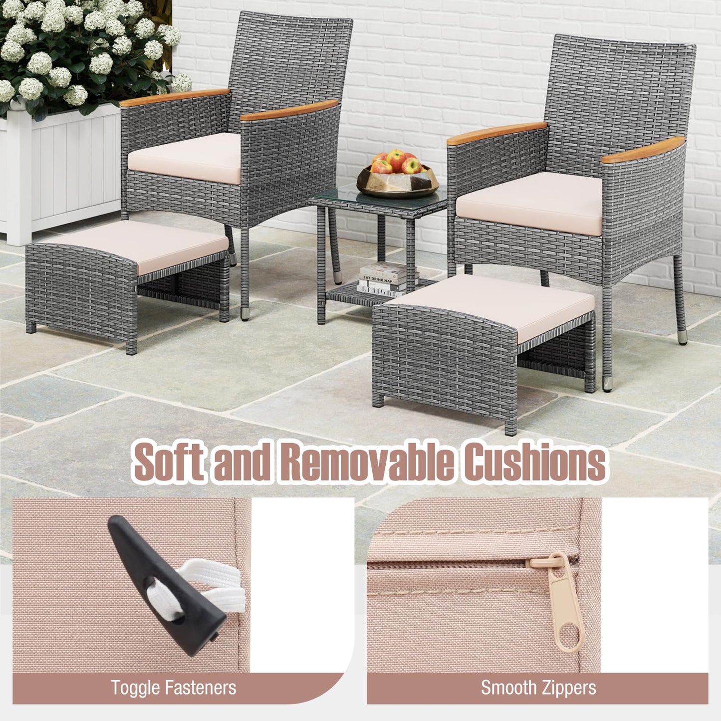 Tangkula 5 Pieces Patio Conversation Set, Outdoor PE Rattan Chairs with Soft Cushions, Ottomans & Tempered Glass Top Table