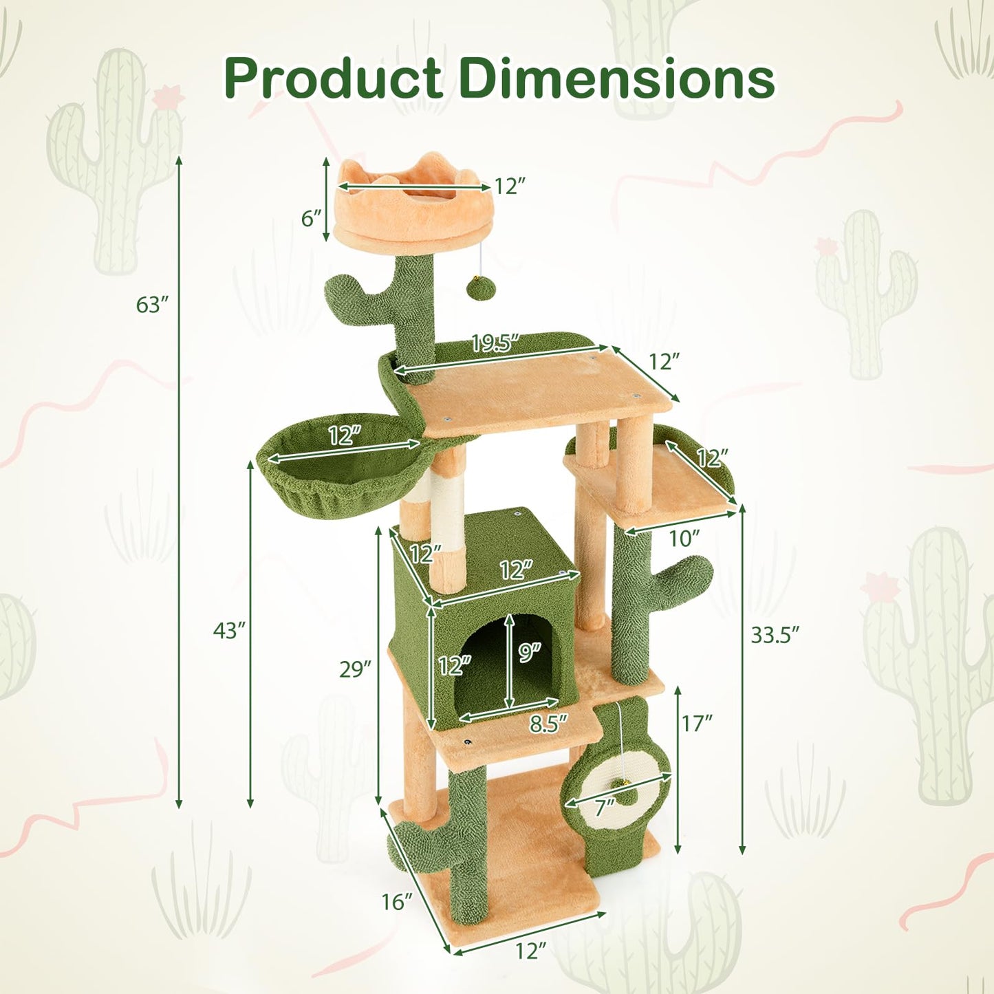 Tangkula Cactus Cat Tree, 63 Inch Multi-Level Tall Cat Tower with Sisal Scratching Posts & Board
