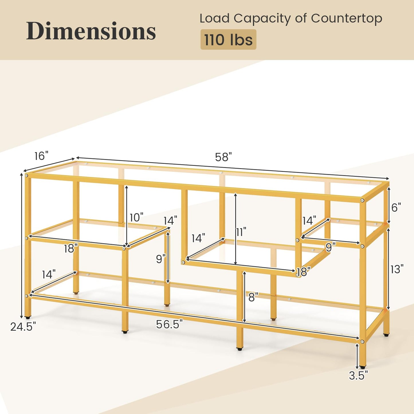 Tangkula Gold TV Stand for TVs up to 65”, 58” TV Console Table with Tempered Glass Shelves & Golden Metal Frame